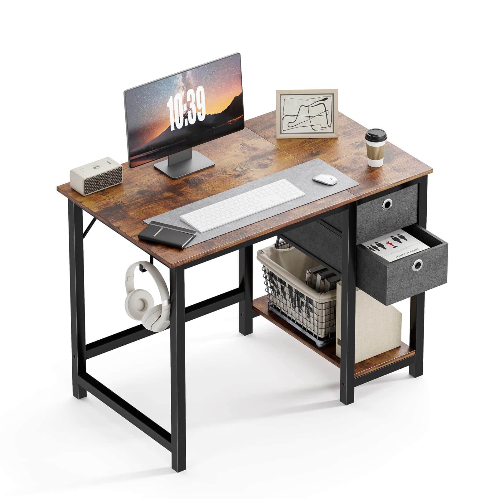 Modern Simple Style Home Office Writing Desk with 2-Tier Drawers Storage  Shelf Headphone Hook