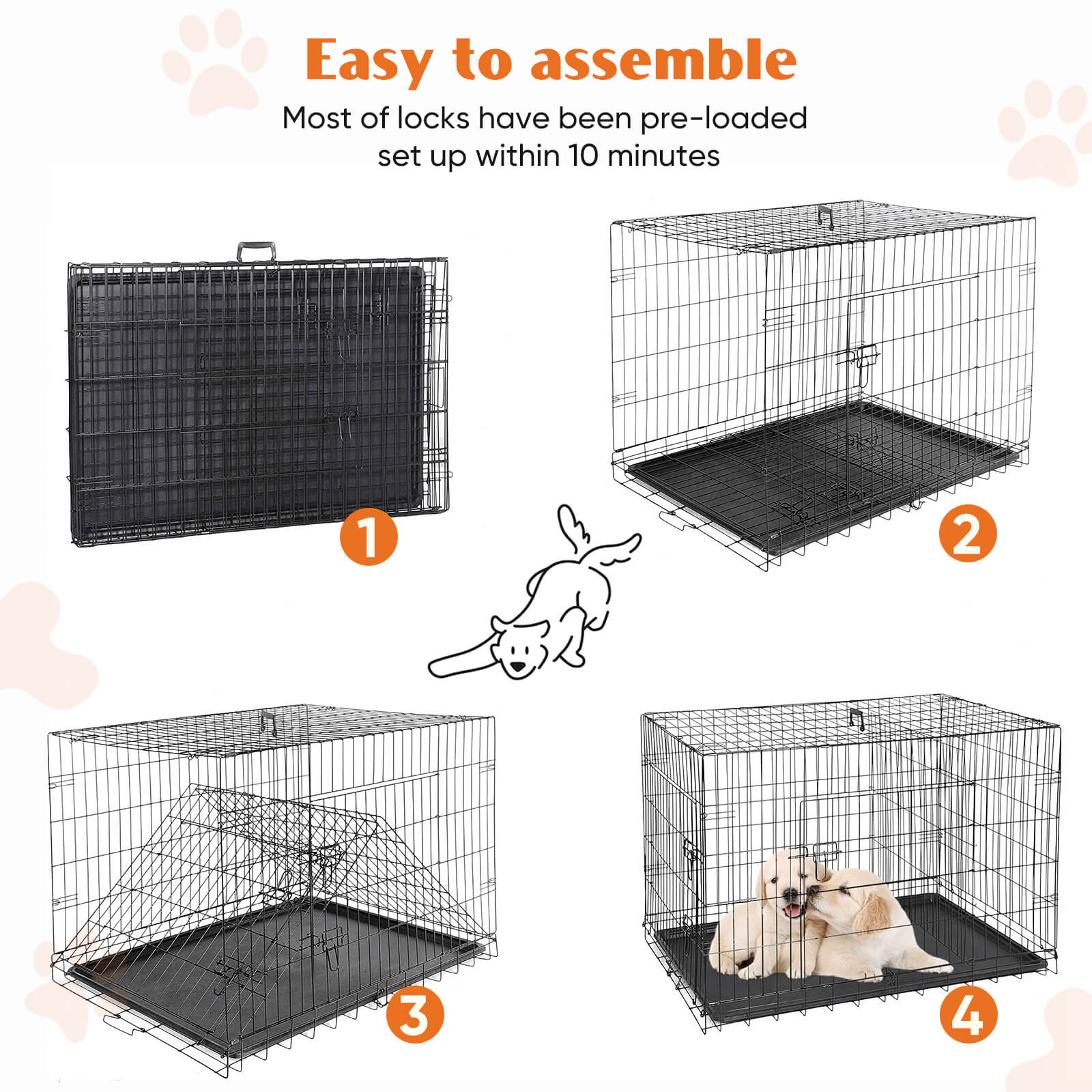 Dog Crate-24/30/36/42/48 inch, Double Door Dog Cage with Divider Panel and Plastic Leak-Proof Pan Tray, foldable, easy to carry, suitable for indoor, outdoor, travel use.