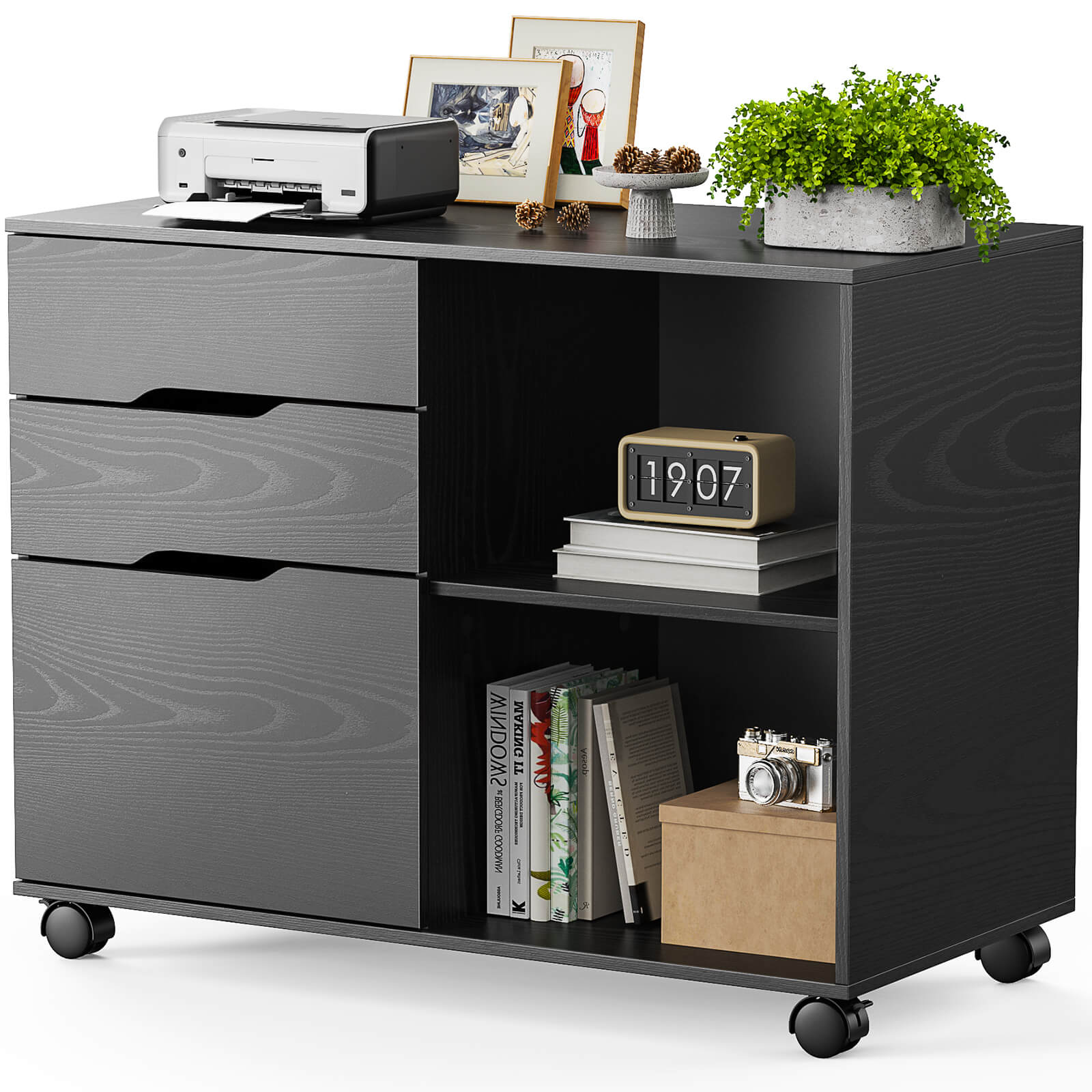 Lateral File Cabinet - with 3 Drawers, Rolling Wooden File Storage Drawer, Black Printer Stand Under Desk Organiser for Office, Home