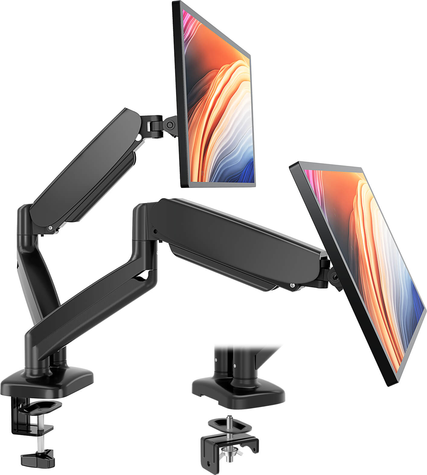 Dual Monitor Stand - Adjustable Gas Spring Monitor Desk Mount Swivel Vesa Bracket with C Clamp, Grommet Mounting Base for 15 to 32 Inch Computer Screens