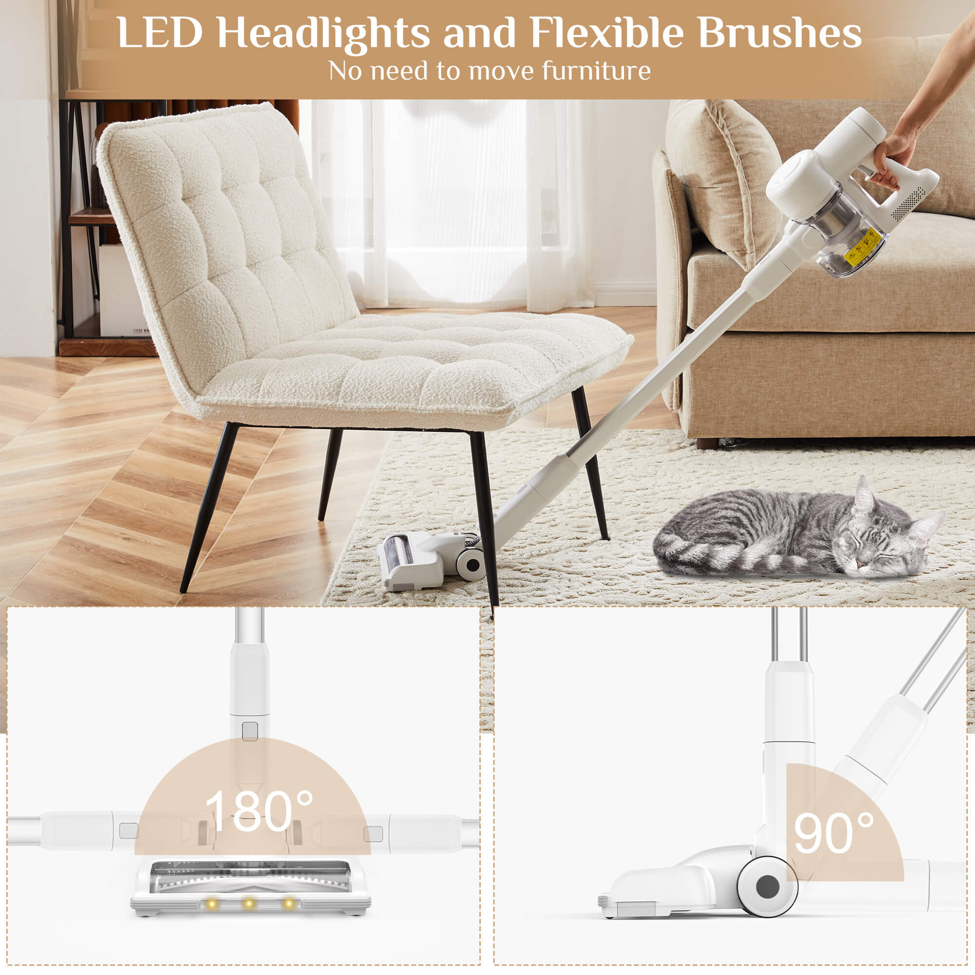 Rechargeable handheld cordless vacuum cleaner with LED light, up to 45 minutes of battery life and powerful suction for carpets, hard floors and pet hair