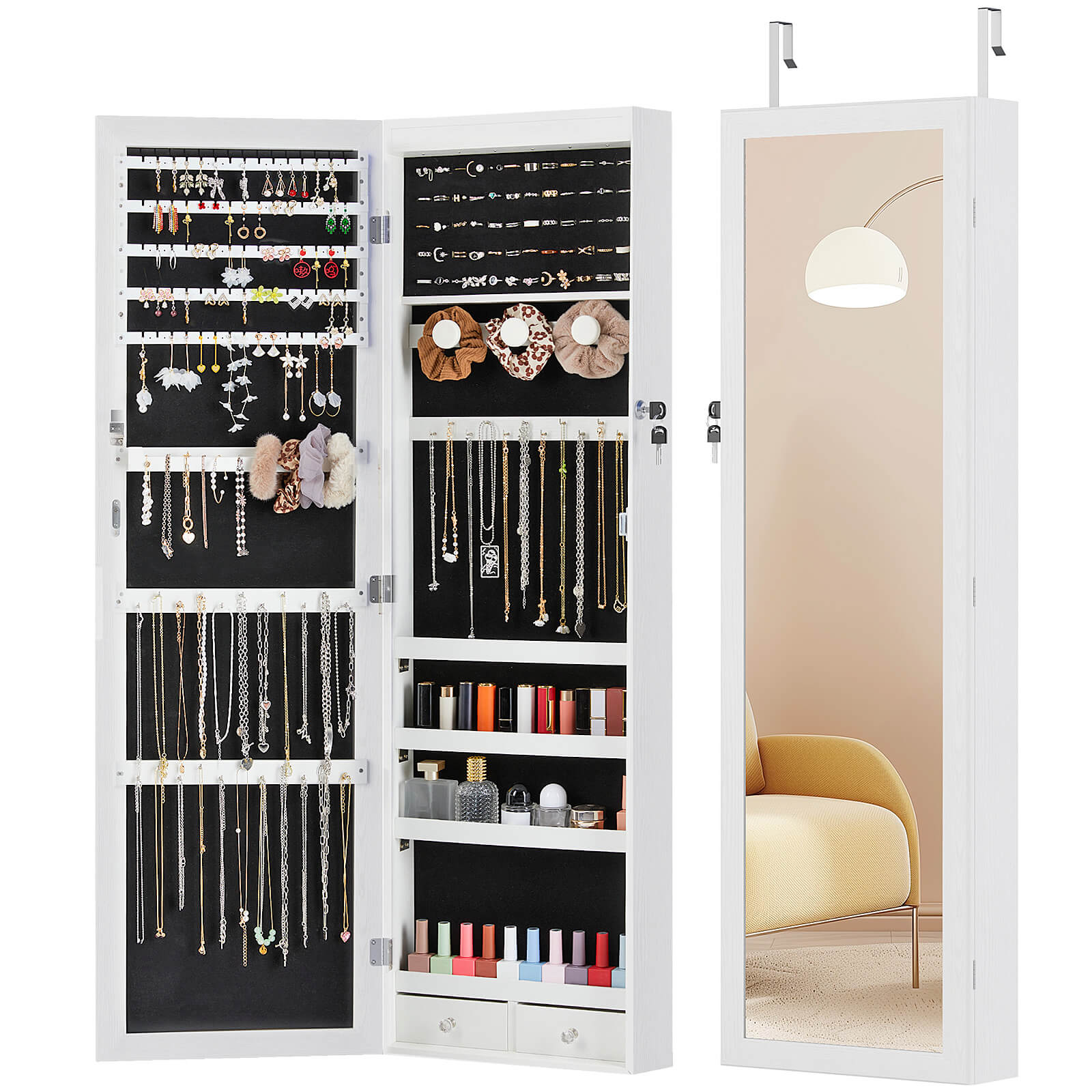 Mirror Jewelry Cabinet, Lockable Hanging Jewelry Cabinet, Mirror, Two Drawers, Jewelry And Cosmetics Storage Box,