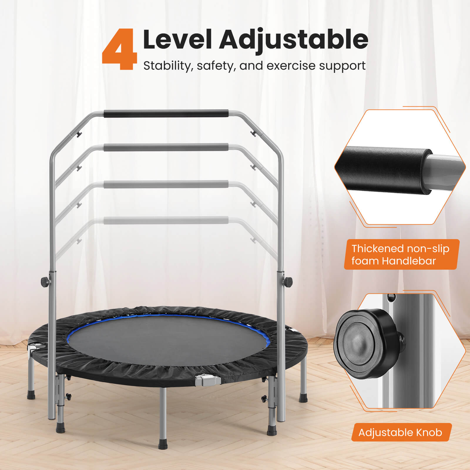 40"/48" Foldable Mini Trampoline for Adults, Rebounder Trampoline for Adults with Adjustable Bar