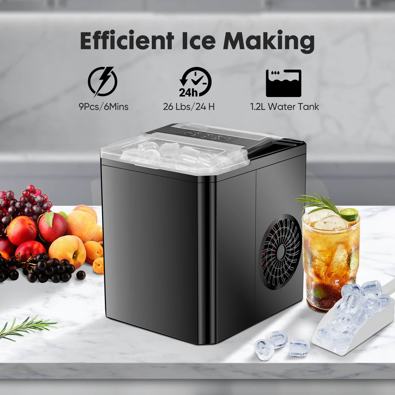 Countertop Ice Maker, Portable Ice Machine Self-Cleaning, 9 Cubes in 6 Mins, for Home Party Office