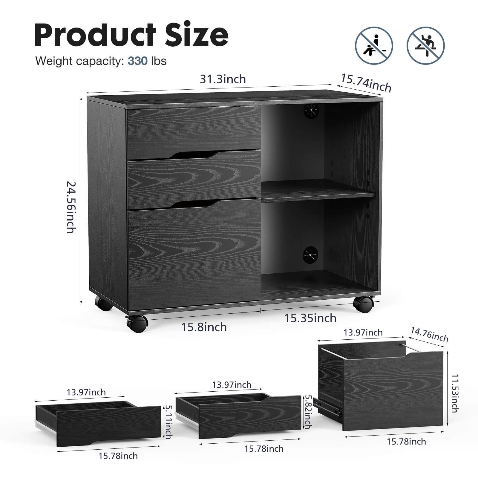 Lateral File Cabinet - with 3 Drawers, Rolling Wooden File Storage Drawer, Black Printer Stand Under Desk Organiser for Office, Home