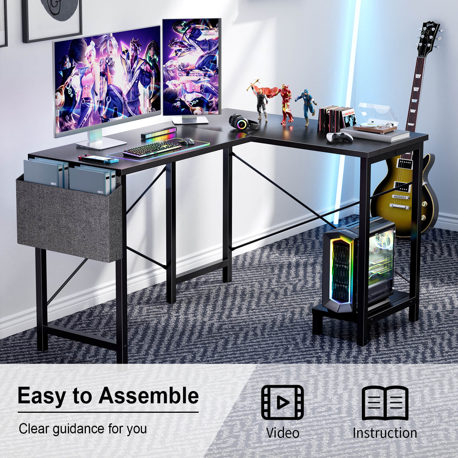 L-Shaped Computer Desk - 50" Corner Gaming Table with Console Shelf and Side Storage Pocket for Office, Bedroom, Living Room