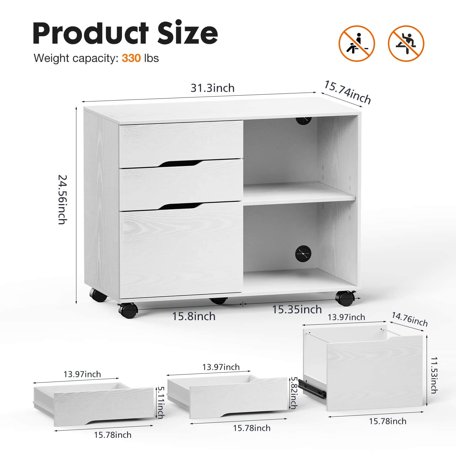 Wood 3 Drawer File Cabinet with Lock, Lateral Rolling File Cabinet