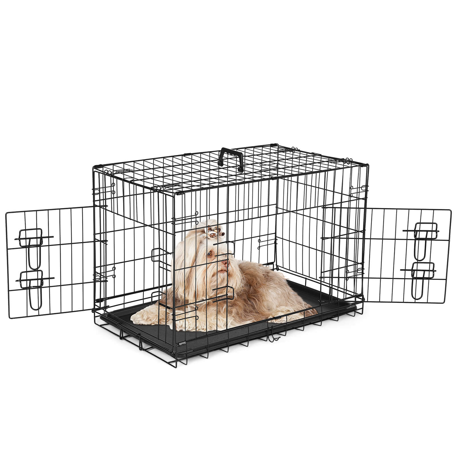 Dog Crate-24/30/36/42/48 inch, Double Door Dog Cage with Divider Panel and Plastic Leak-Proof Pan Tray, foldable, easy to carry, suitable for indoor, outdoor, travel use.