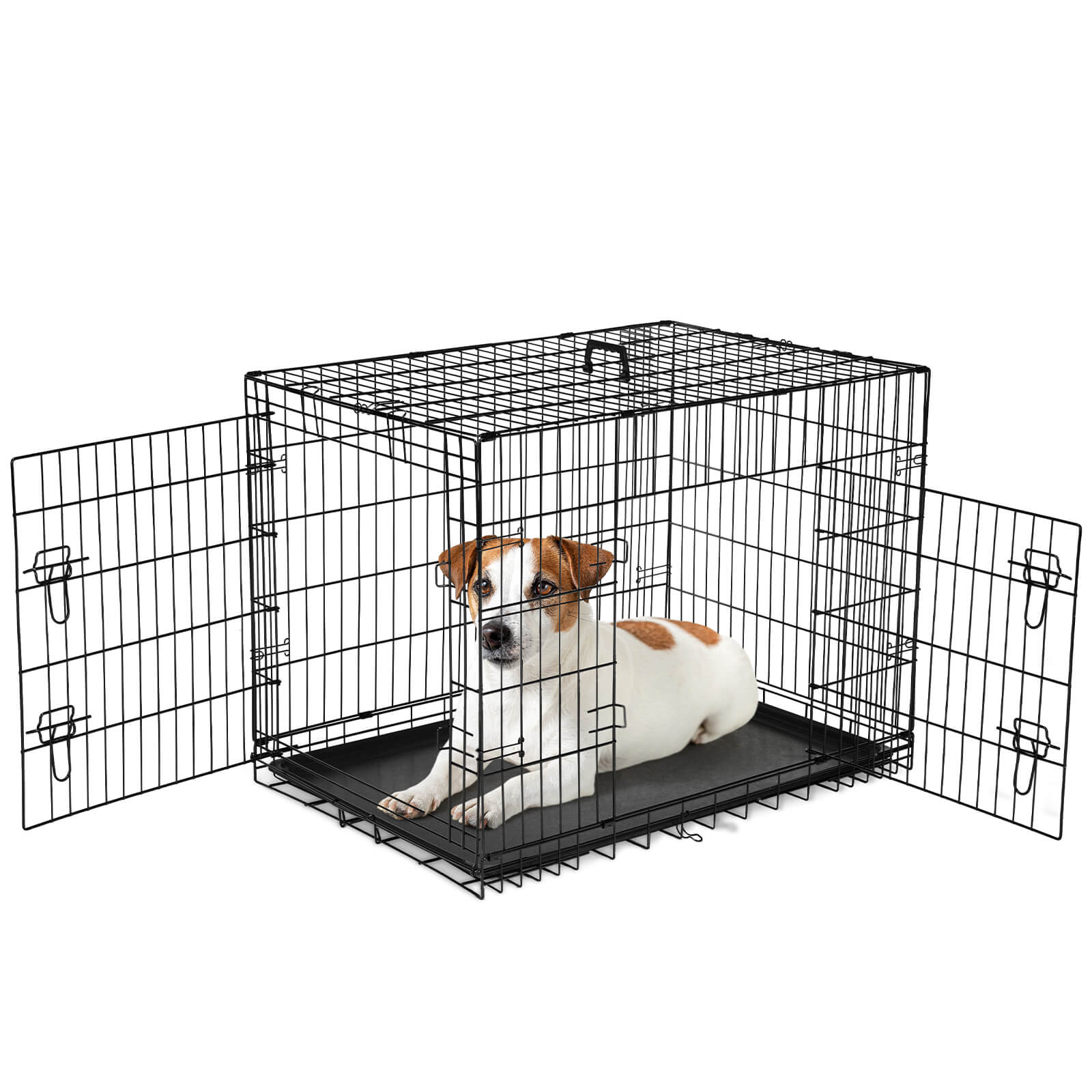 Dog Crate-24/30/36/42/48 inch, Double Door Dog Cage with Divider Panel and Plastic Leak-Proof Pan Tray, foldable, easy to carry, suitable for indoor, outdoor, travel use.