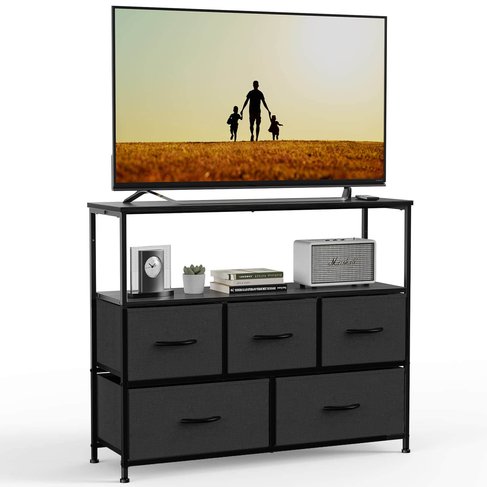 38 in Open Storage Shelf TV Stand with 5 Fabric Drawers for Bedroom/Li