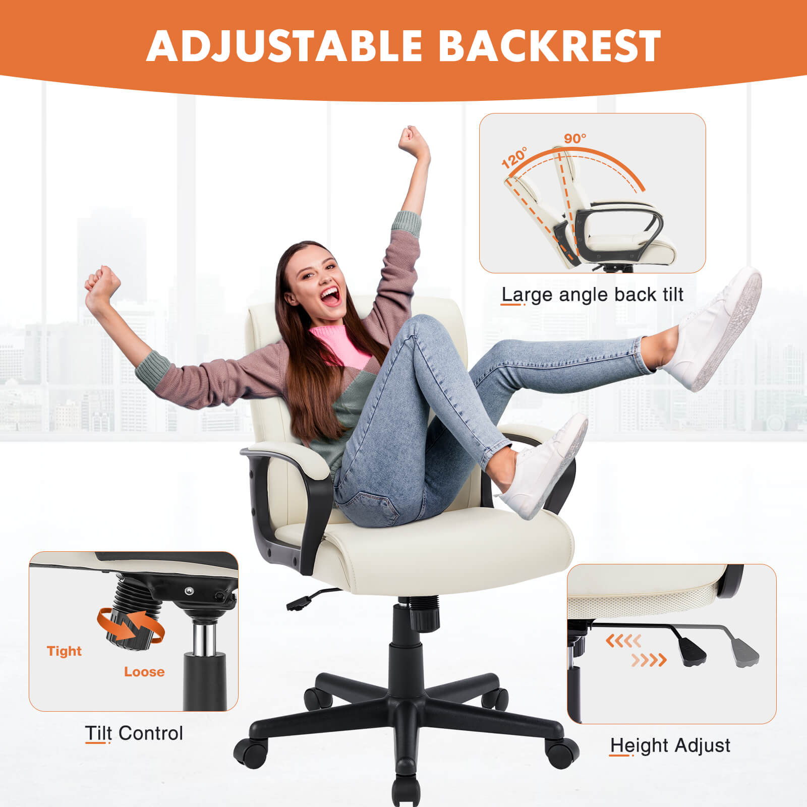 可调节电脑桌椅，带腰部支撑、软垫扶手、旋转滚动