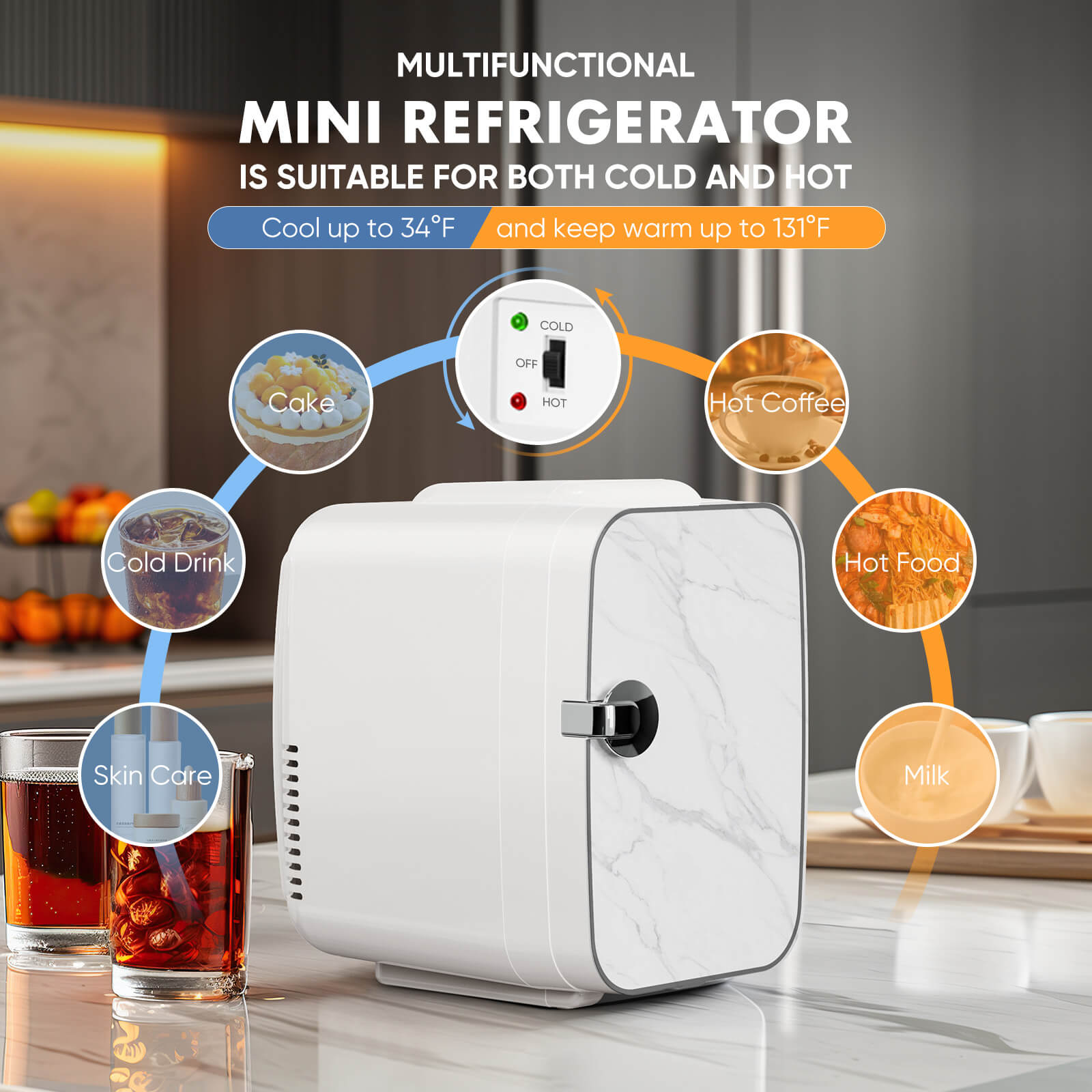 Portable 4 litre mini fridge - hot and cold, can store skin care products, food, etc., suitable for home, office, car refrigerator