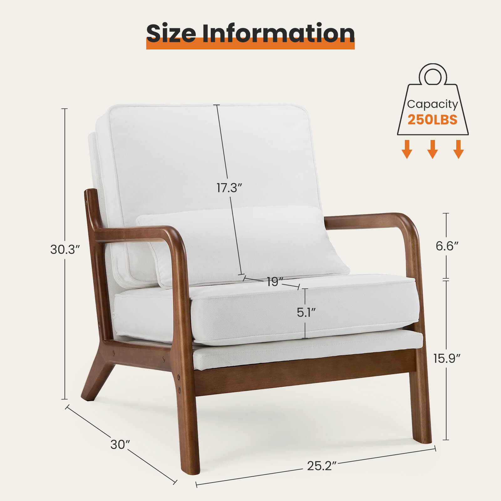 Comfortable lounge chair with wooden frame, with pillow, and soft cushion for living room, bedroom, balcony