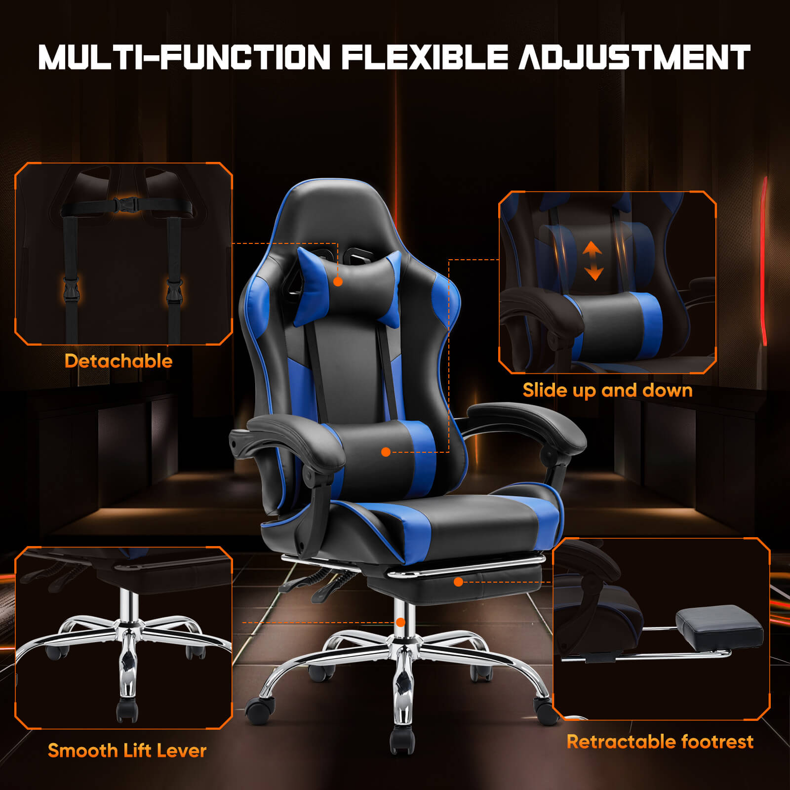 Gaming Chair Ergonomic Office Chair With Foot Rest, Big And Tall Executive Desk Chair With Lumbar Support, Padded Arms, Computer Chair For Home Office, Bedroom