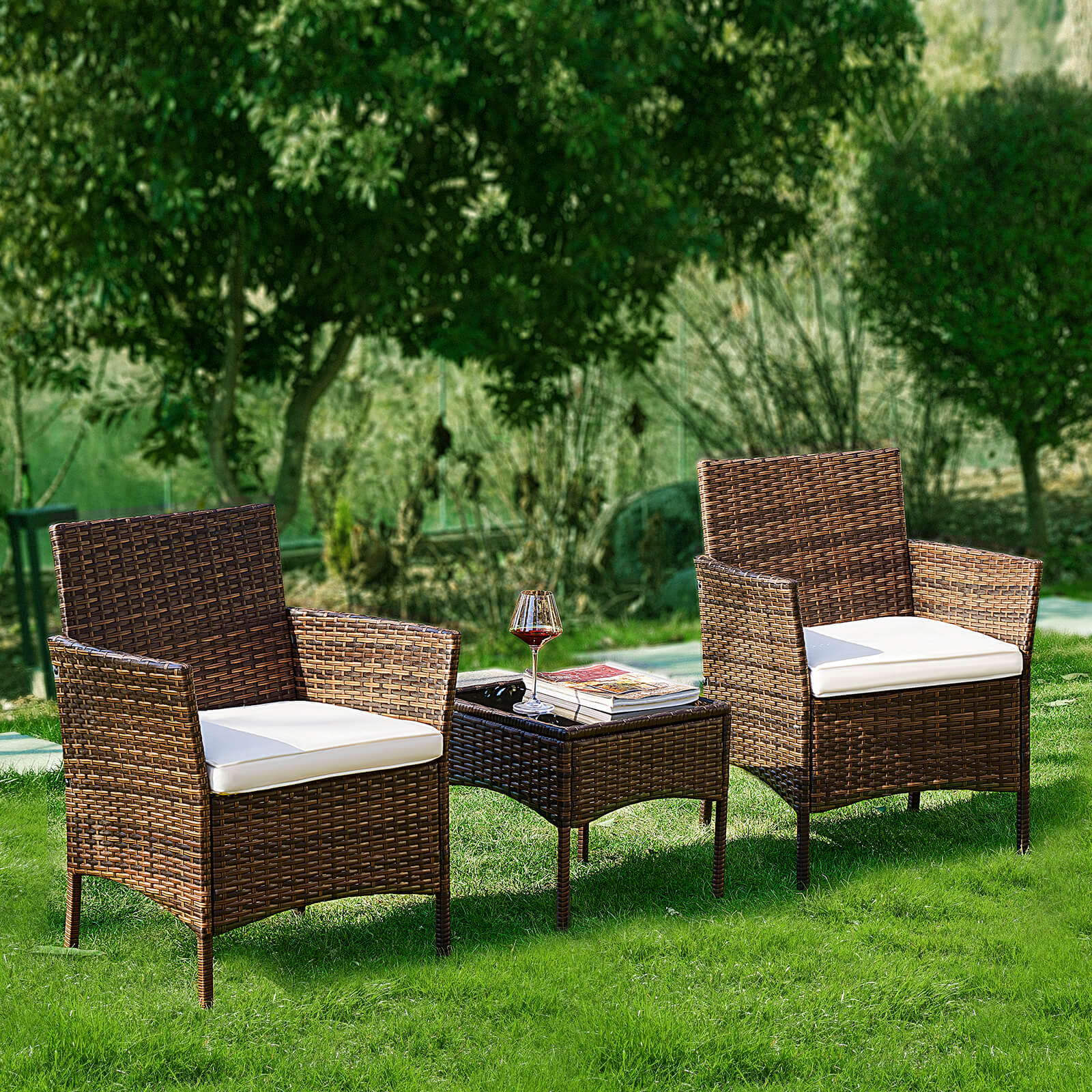3 Piece Patio Wicker Furniture Set , Patio Chair w/ Table w/ Cushions, Simple Modern Comfort