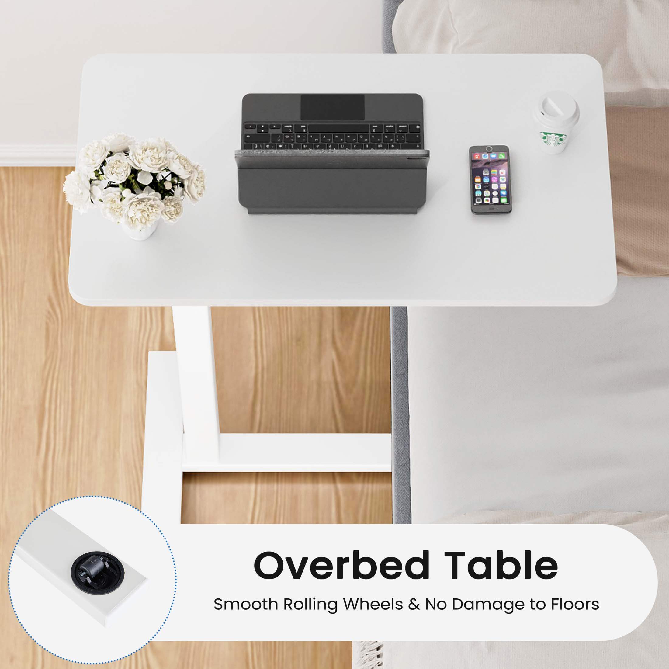 Adjustable bedside tables - on wheels, rolling laptop tables, mobile standing desks, hospital and home bed tables