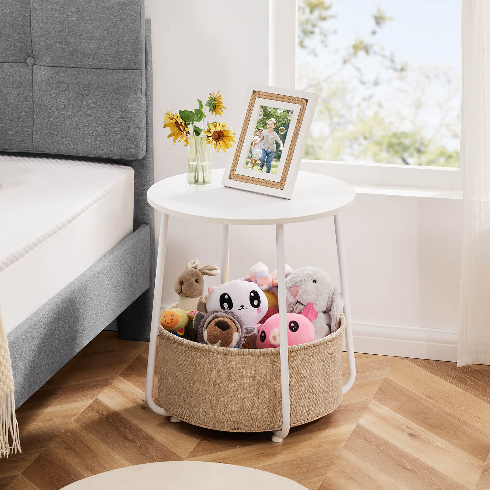 Compact nightstand, sofa side table, can be used in living room, nursery room, bedroom, comes with fabric basket for easy storage