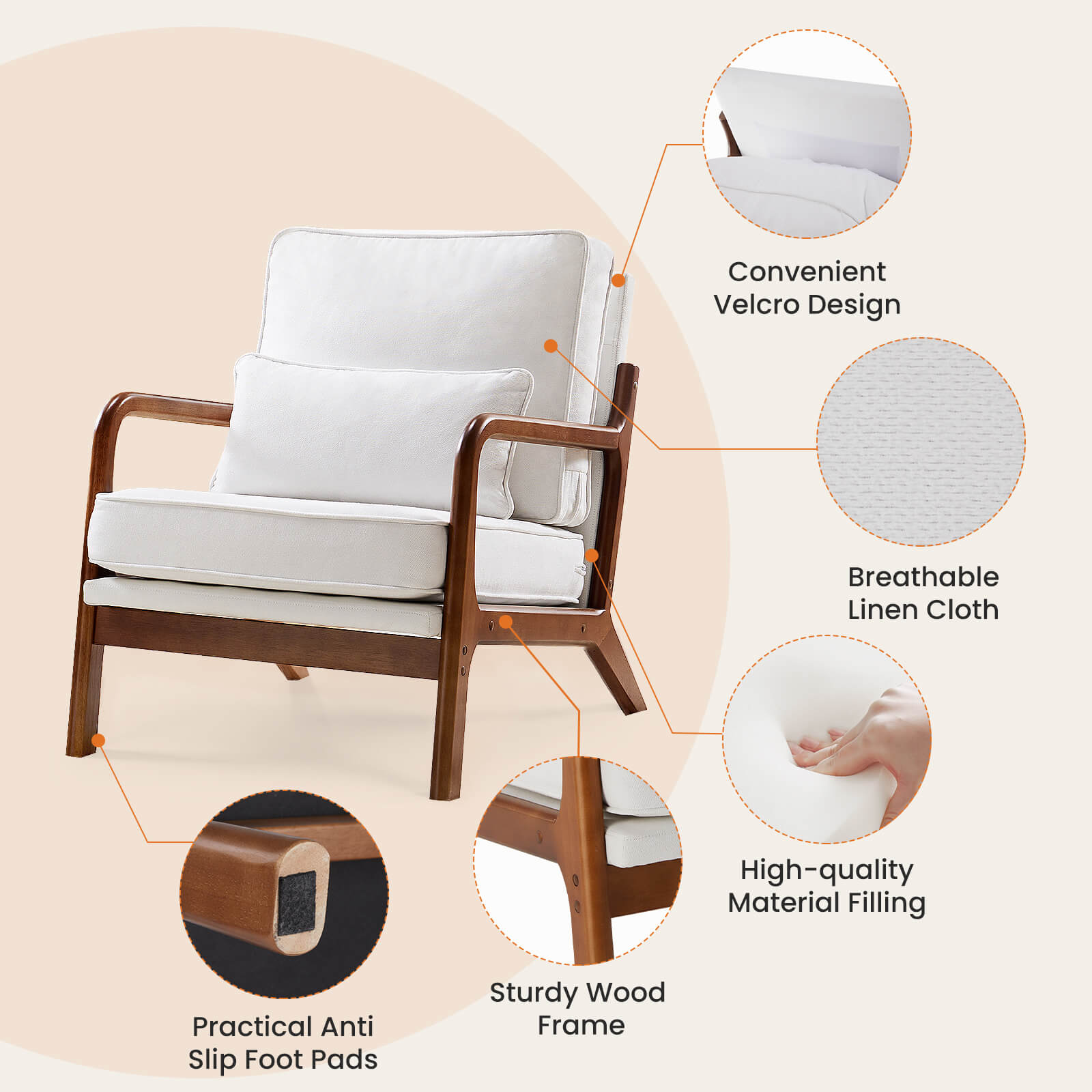 Comfortable lounge chair with wooden frame, with pillow, and soft cushion for living room, bedroom, balcony