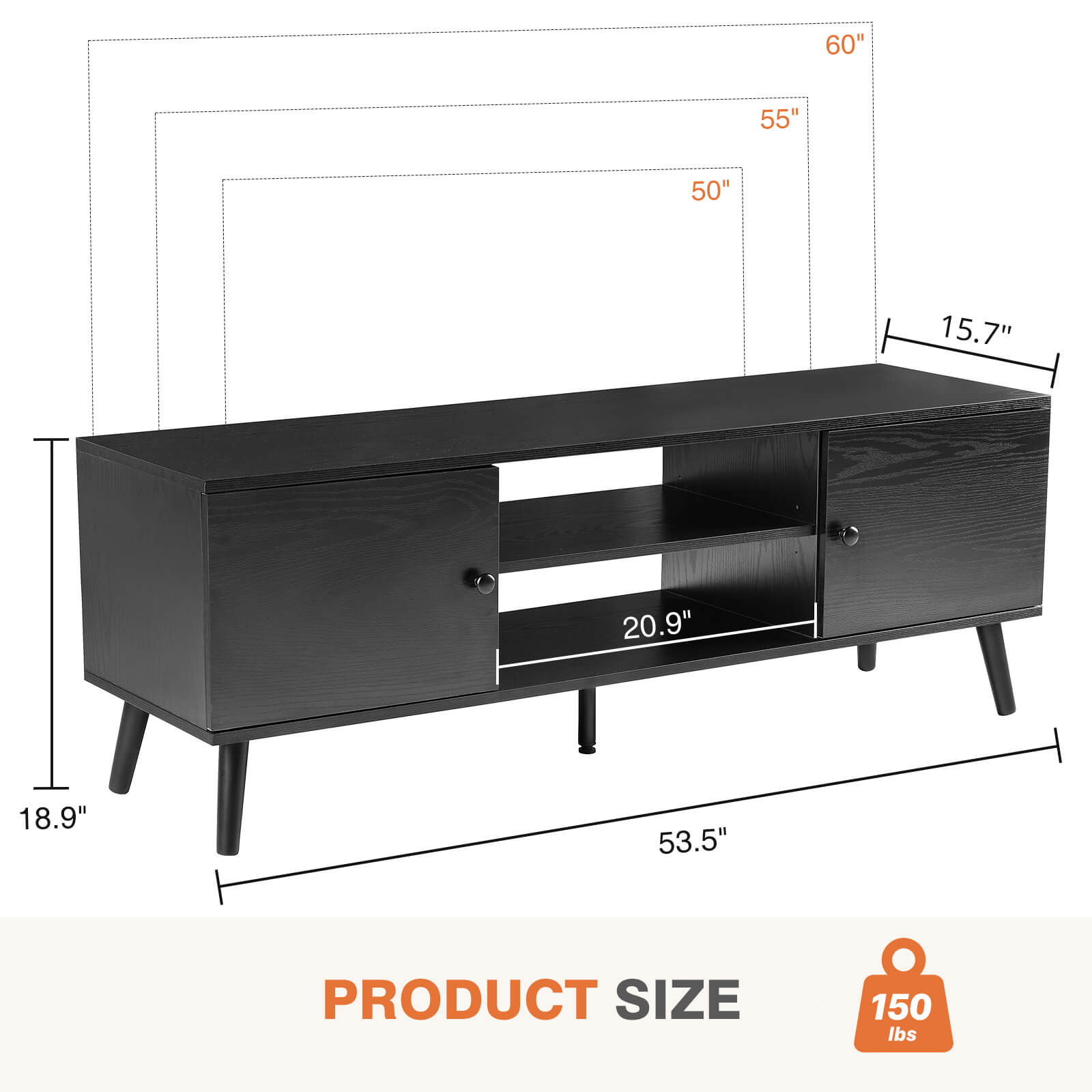Wooden TV stand - for TVs up to 60 inches with adjustable shelves with double storage cabinets for living room, bedroom, patio, etc.