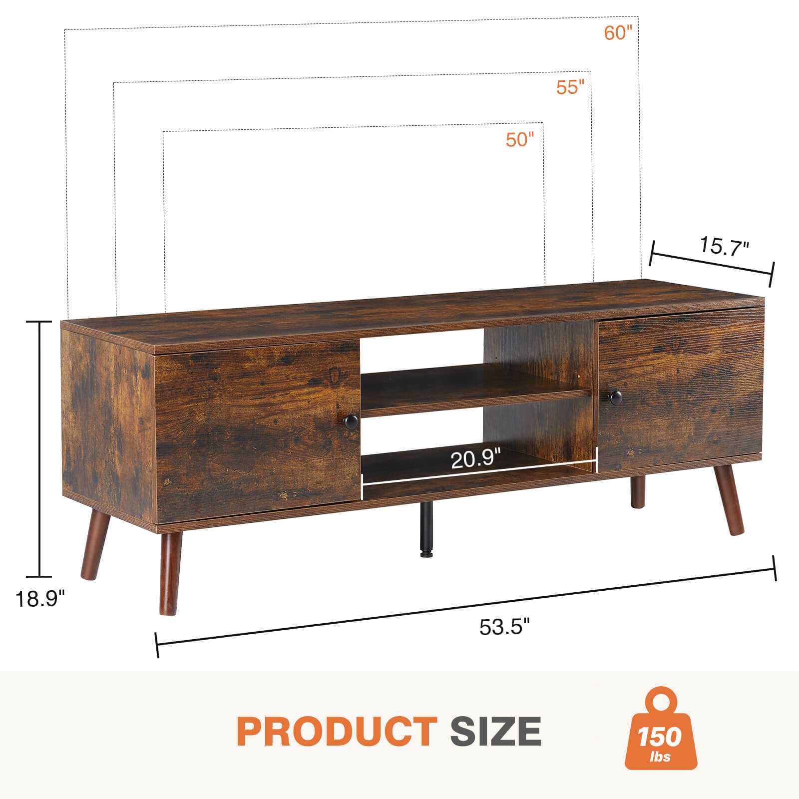 Wooden TV stand - for TVs up to 60 inches with adjustable shelves with double storage cabinets for living room, bedroom, patio, etc.
