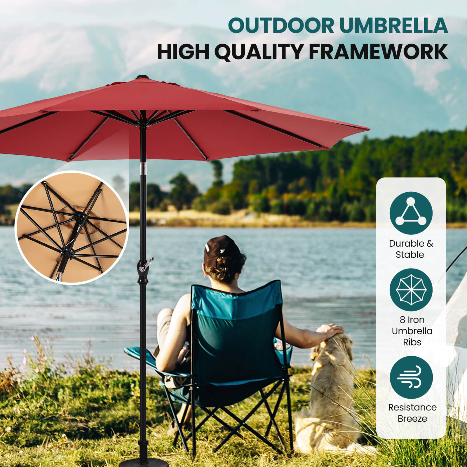 9FT Patio Umbrella with Push Button Tilt and Crank,  with 8 Sturdy Ribs,Outdoor Umbrella, Pool Umbrella, for Market, Terrace, Beach, Outdoor Restaurant