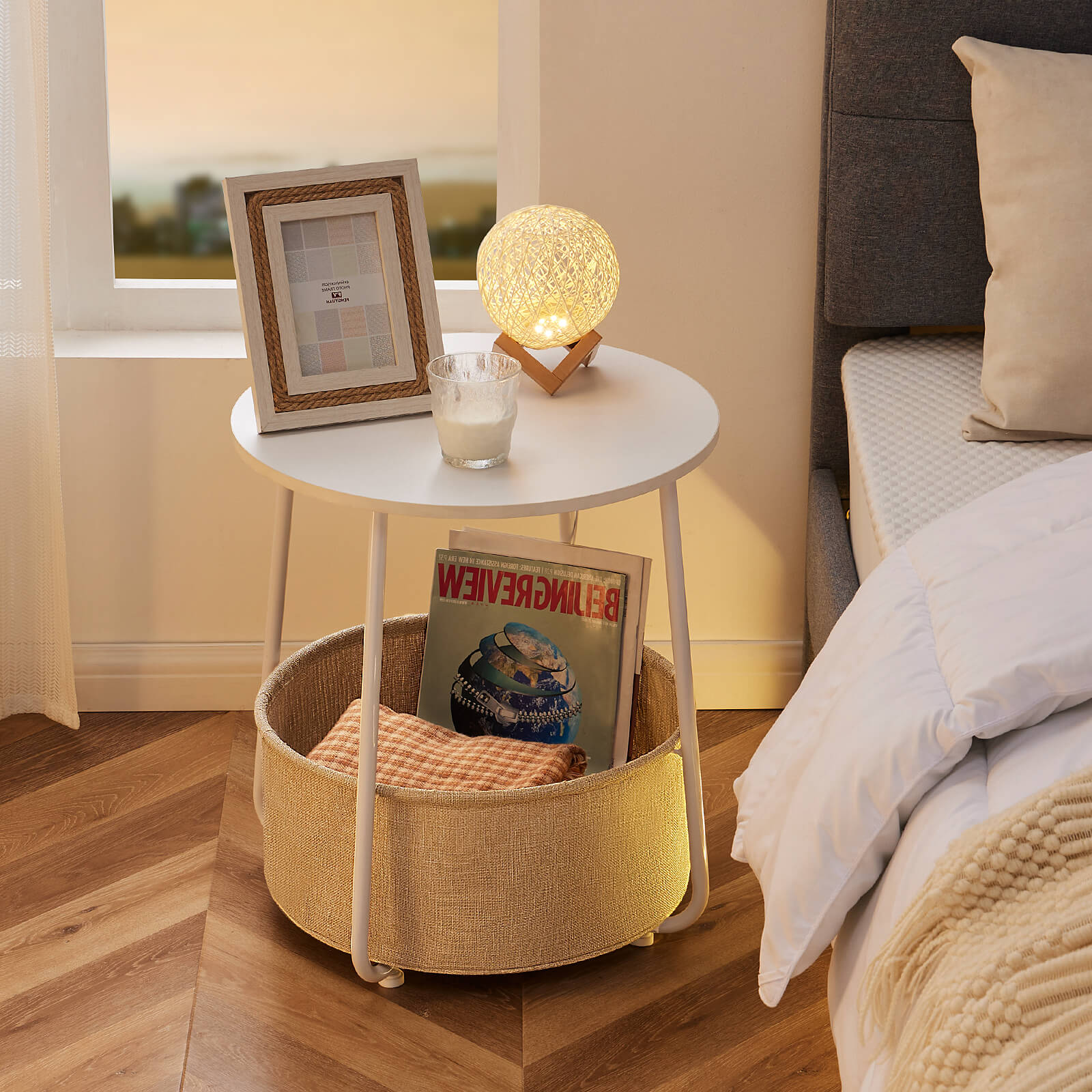 Compact nightstand, sofa side table, can be used in living room, nursery room, bedroom, comes with fabric basket for easy storage