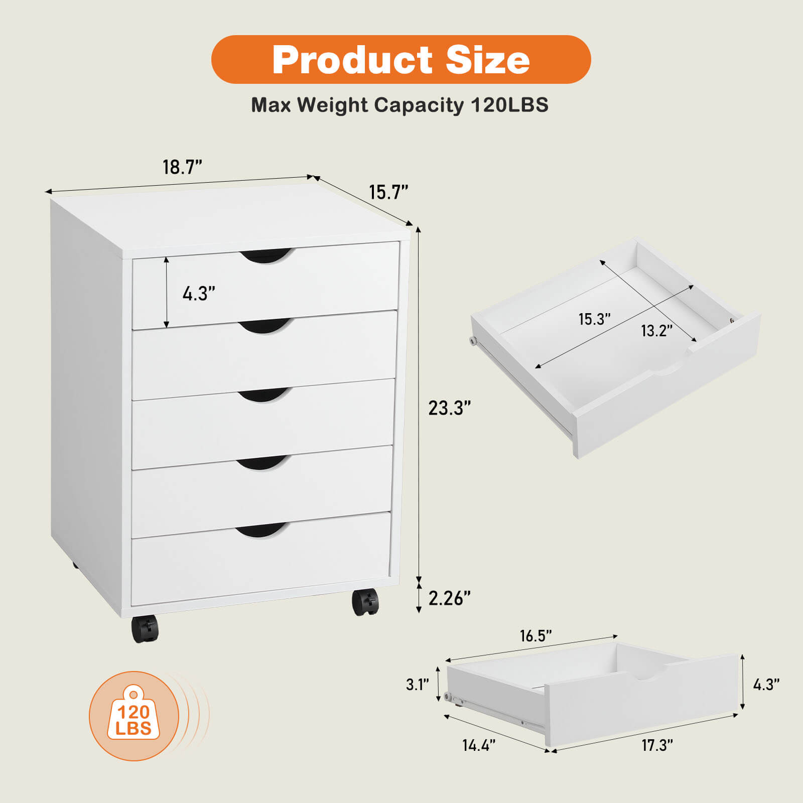 5 Drawer Chest of Drawers, Wooden Dresser, Removable Storage Cabinet, Can be placed under Desk, Suitable for Home, Office