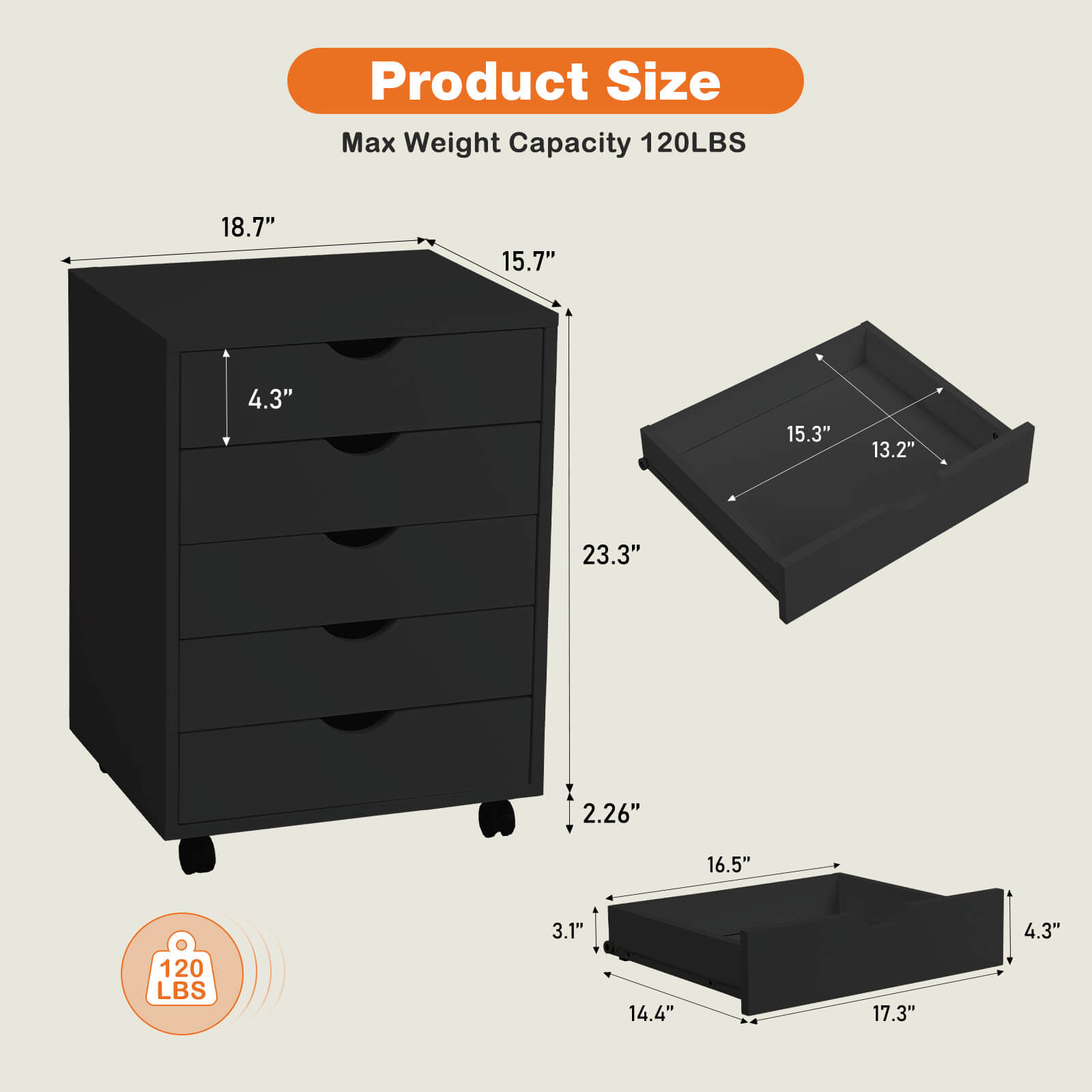 5 Drawer Chest of Drawers, Wooden Dresser, Removable Storage Cabinet, Can be placed under Desk, Suitable for Home, Office