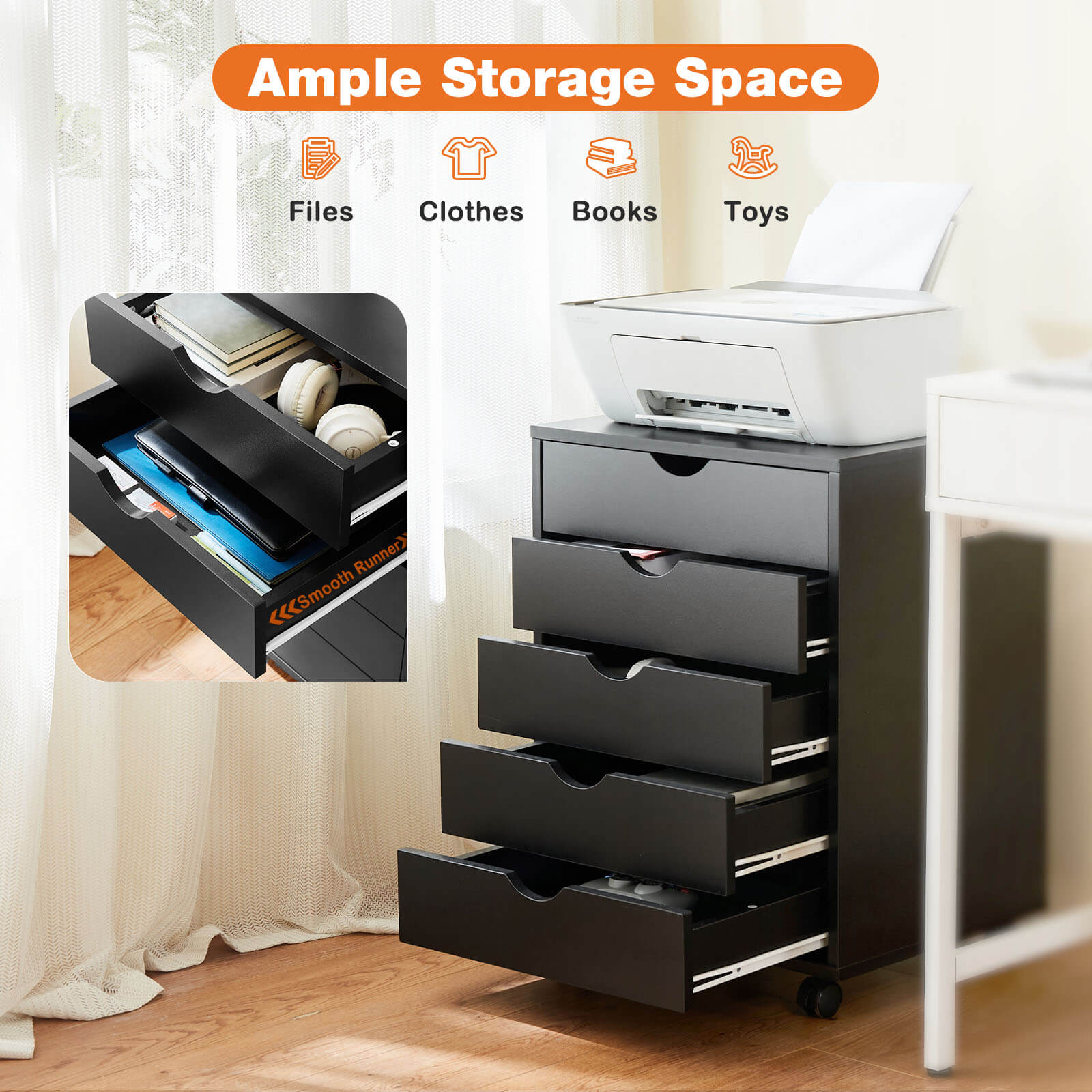 5 Drawer Chest of Drawers, Wooden Dresser, Removable Storage Cabinet, Can be placed under Desk, Suitable for Home, Office