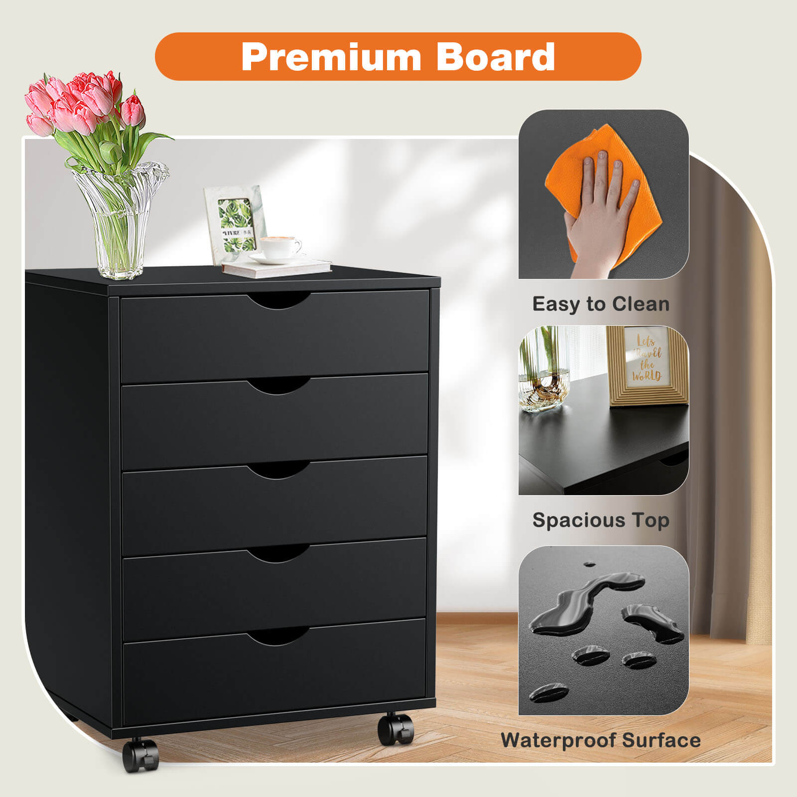 5 Drawer Chest of Drawers, Wooden Dresser, Removable Storage Cabinet, Can be placed under Desk, Suitable for Home, Office