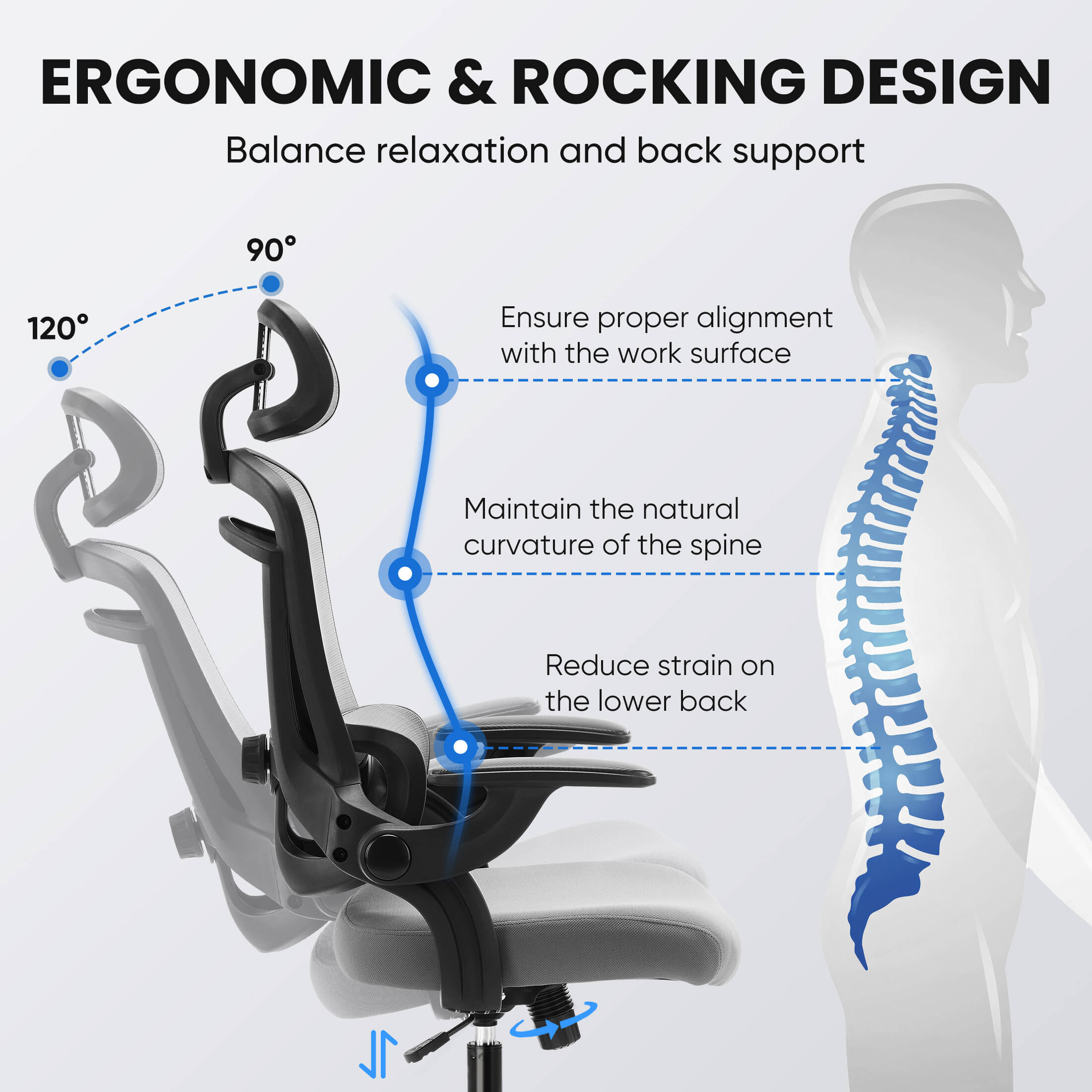 Ergonomic office chair-with adjustable lumbar support and headrest, soft flip-up armrests, height and 120° tilt adjustment