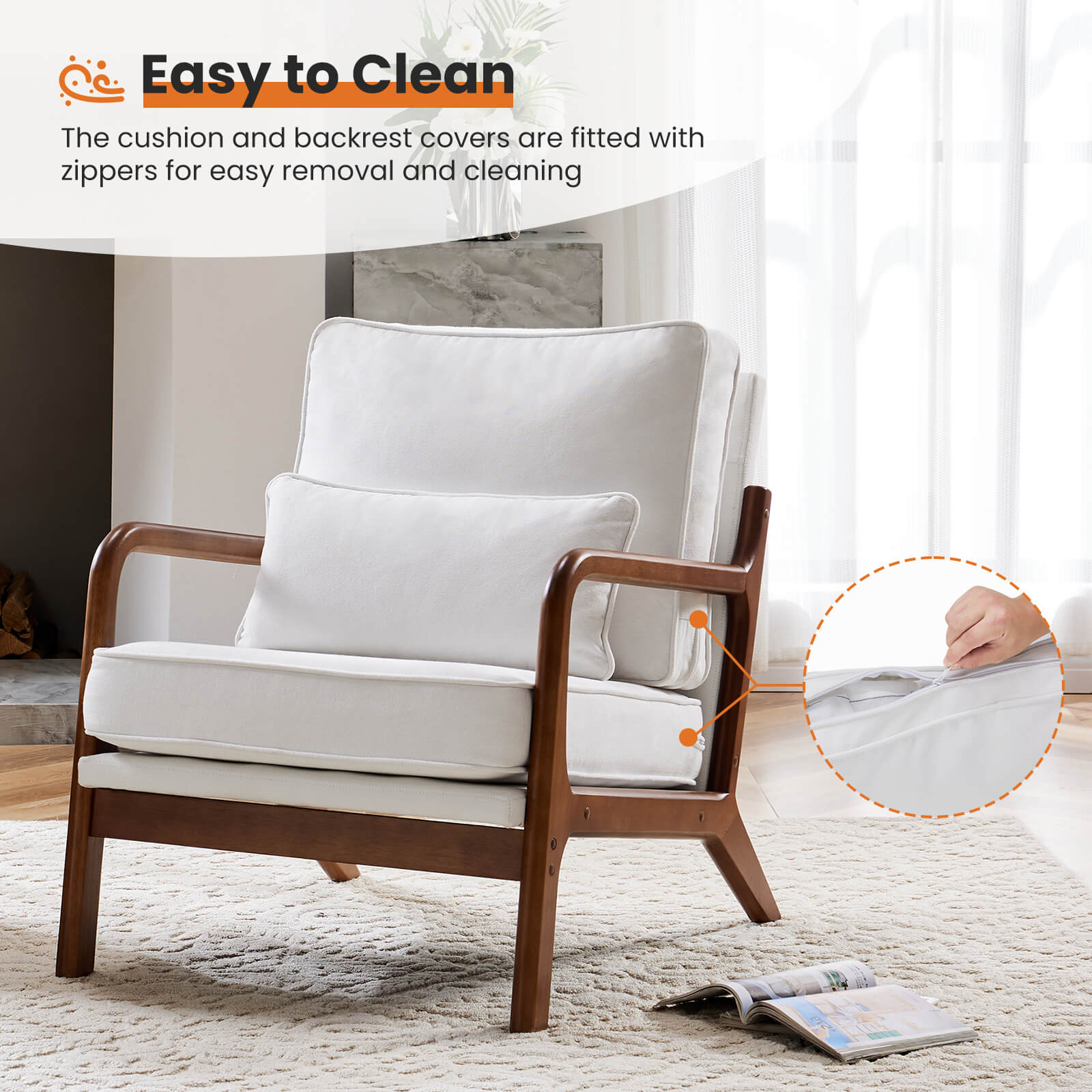 Comfortable lounge chair with wooden frame, with pillow, and soft cushion for living room, bedroom, balcony