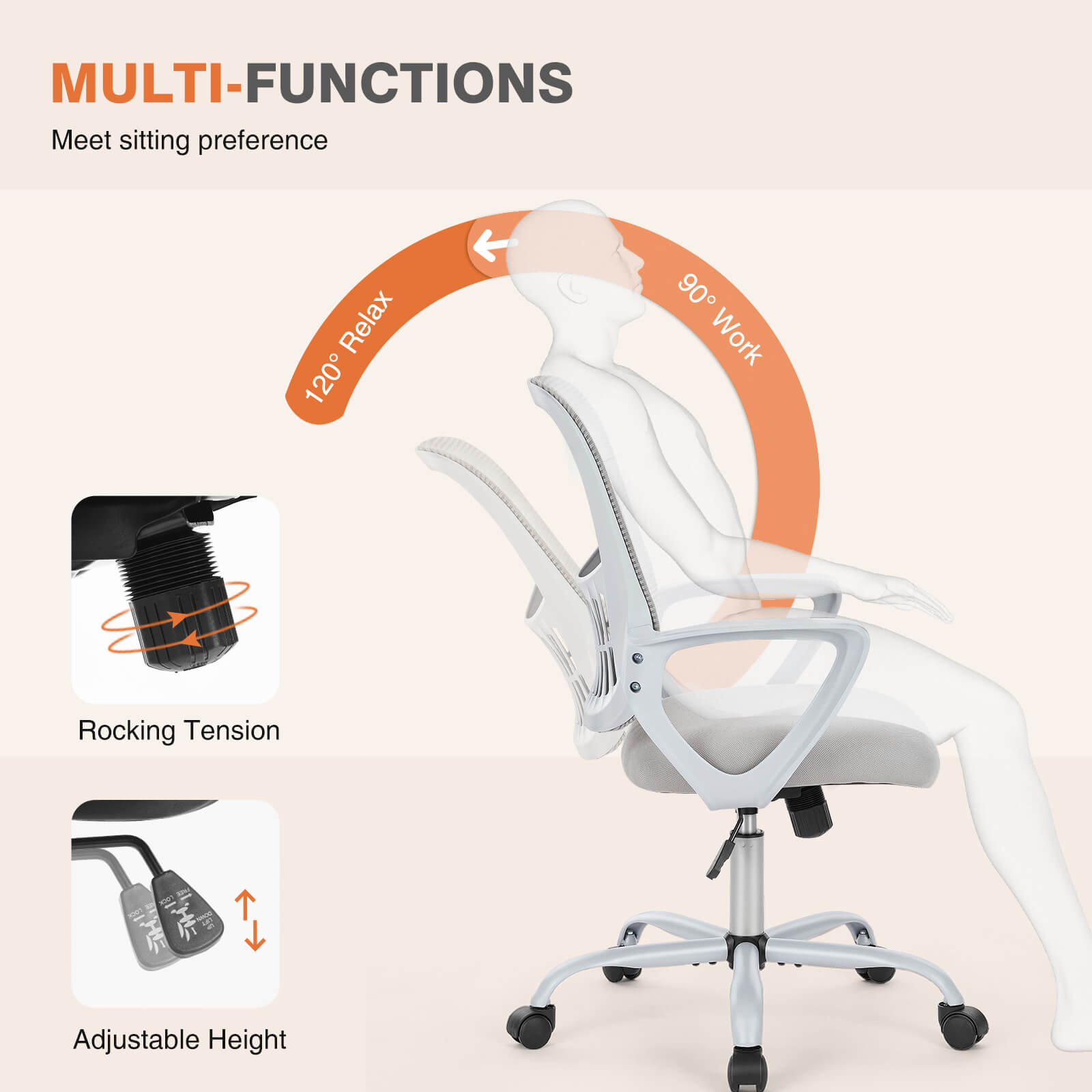 Office chair, ergonomic, adjustable height, with lumbar support and armrests, suitable for home, office.