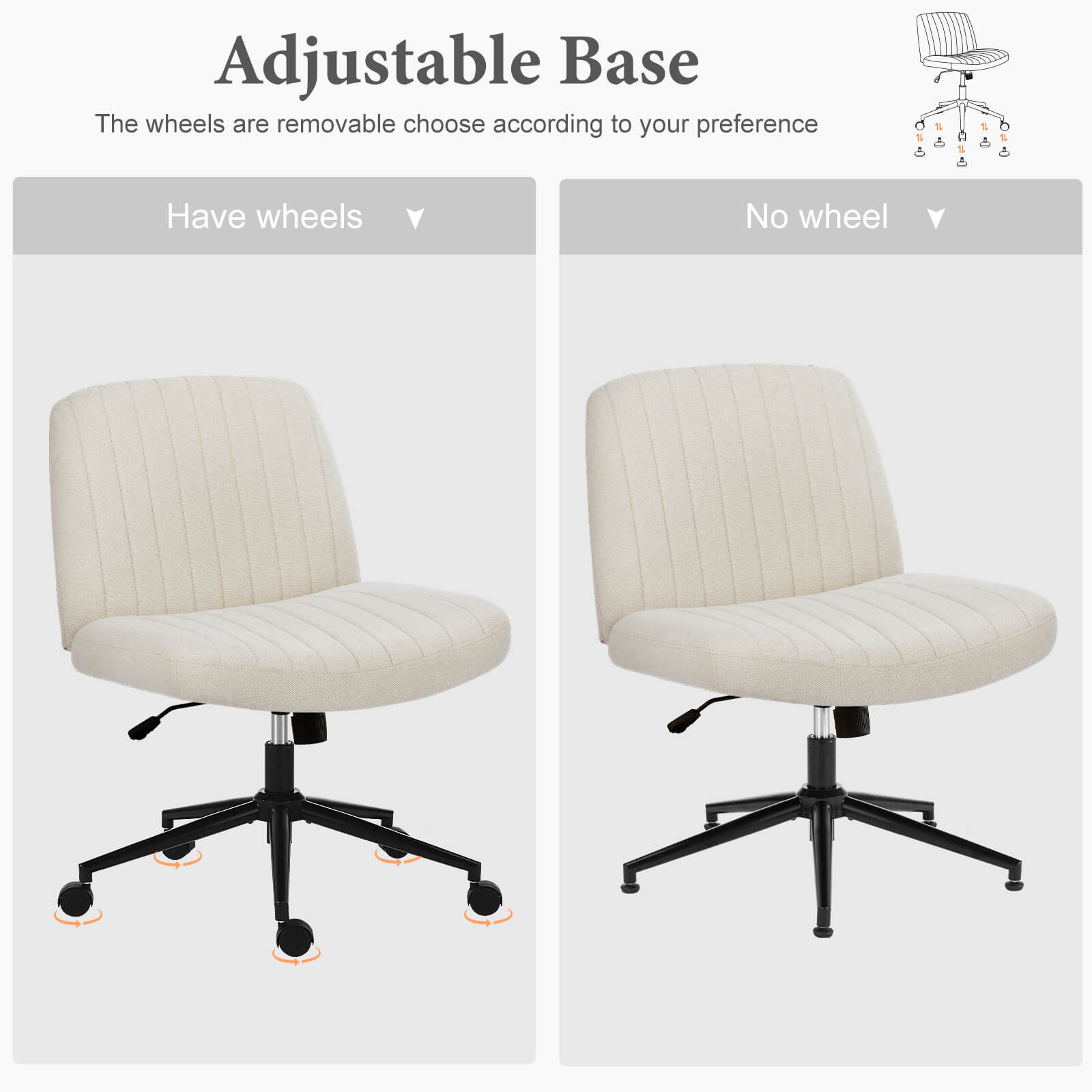 Cross-legged chair without armrests, with wheels, swivelling, height-adjustable vanity chair, office chair, can be used with fabric dresser