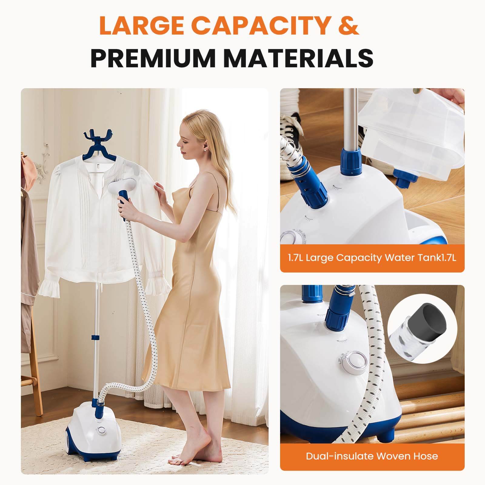 Standing Garment Steamer, with Roll Wheels for Easy Movement, Adjustable Pole for Storage，Professional Wrinkle Remover