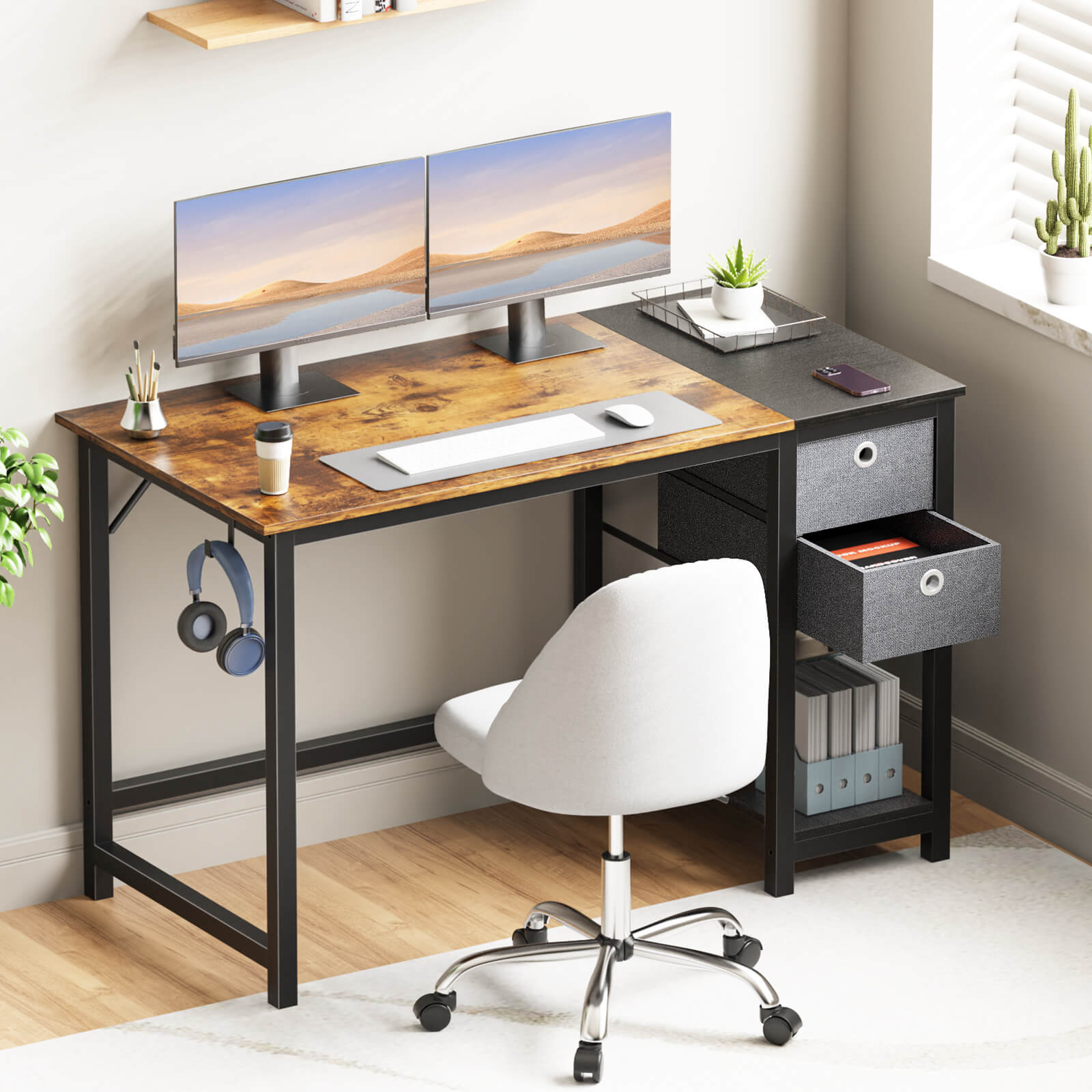 Computer Desk -40/47/55 inch Desk Study Desk with 2 Drawer Storage Shelf Headphone Hook for Bedroom, Game Room, Office, Living Room