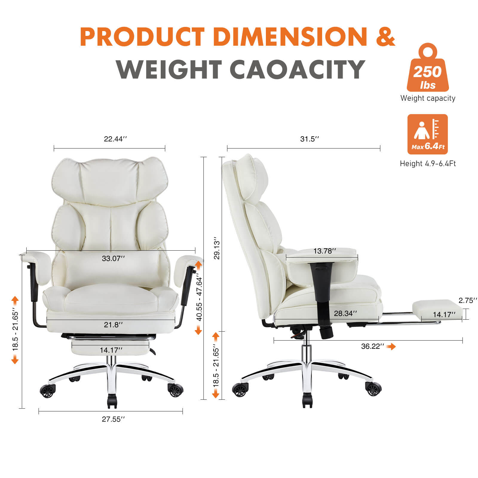 Office Computer Chair - High Back PU Leather Taipan Swivel Chair with Ergonomic Leg Rest and Lumbar Support, Height Adjustable
