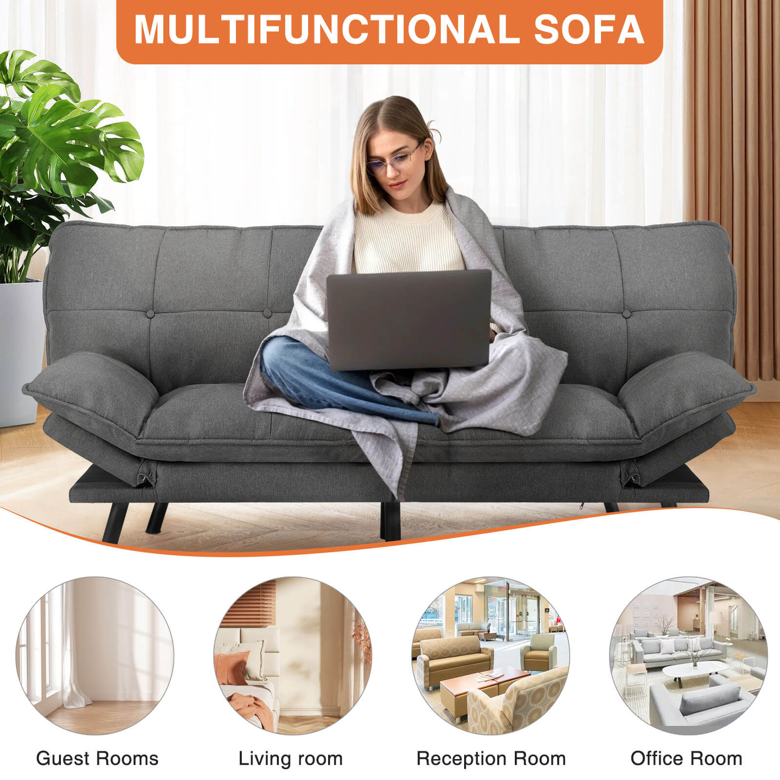Sleeper Futon Sofa Couch Bed-Memory Foam Couch, Convertible Living Room Couch, Apartment, Studio, Office, Meeting, Living Room