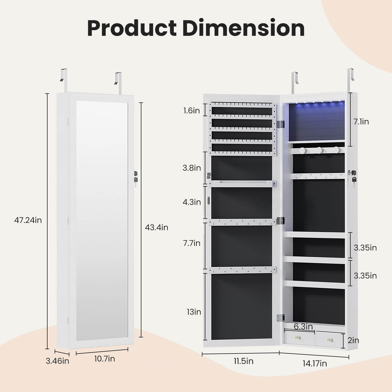 Mirror Jewelry Cabinet, Lockable Hanging Jewelry Cabinet, Mirror, Two Drawers, Jewelry And Cosmetics Storage Box,