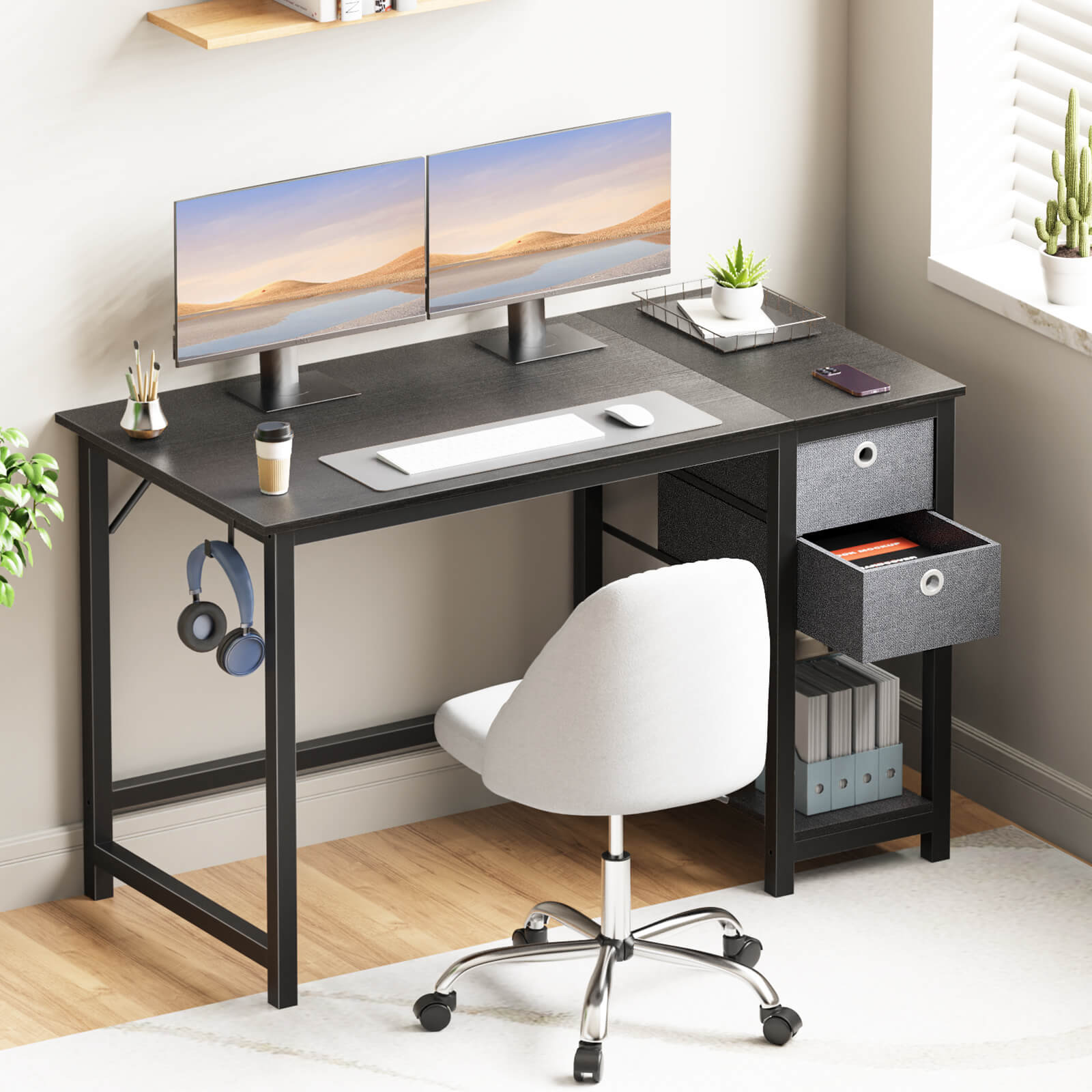 Computer Desk -40/47/55 inch Desk Study Desk with 2 Drawer Storage Shelf Headphone Hook for Bedroom, Game Room, Office, Living Room