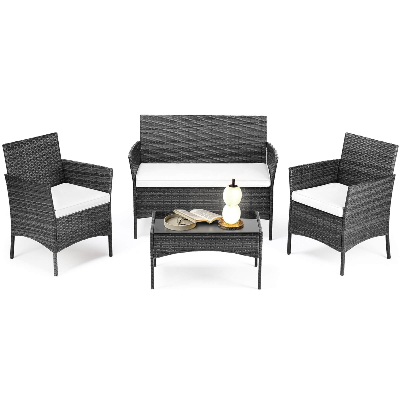 3 Piece Patio Wicker Furniture Set , Patio Chair w/ Table w/ Cushions, Simple Modern Comfort