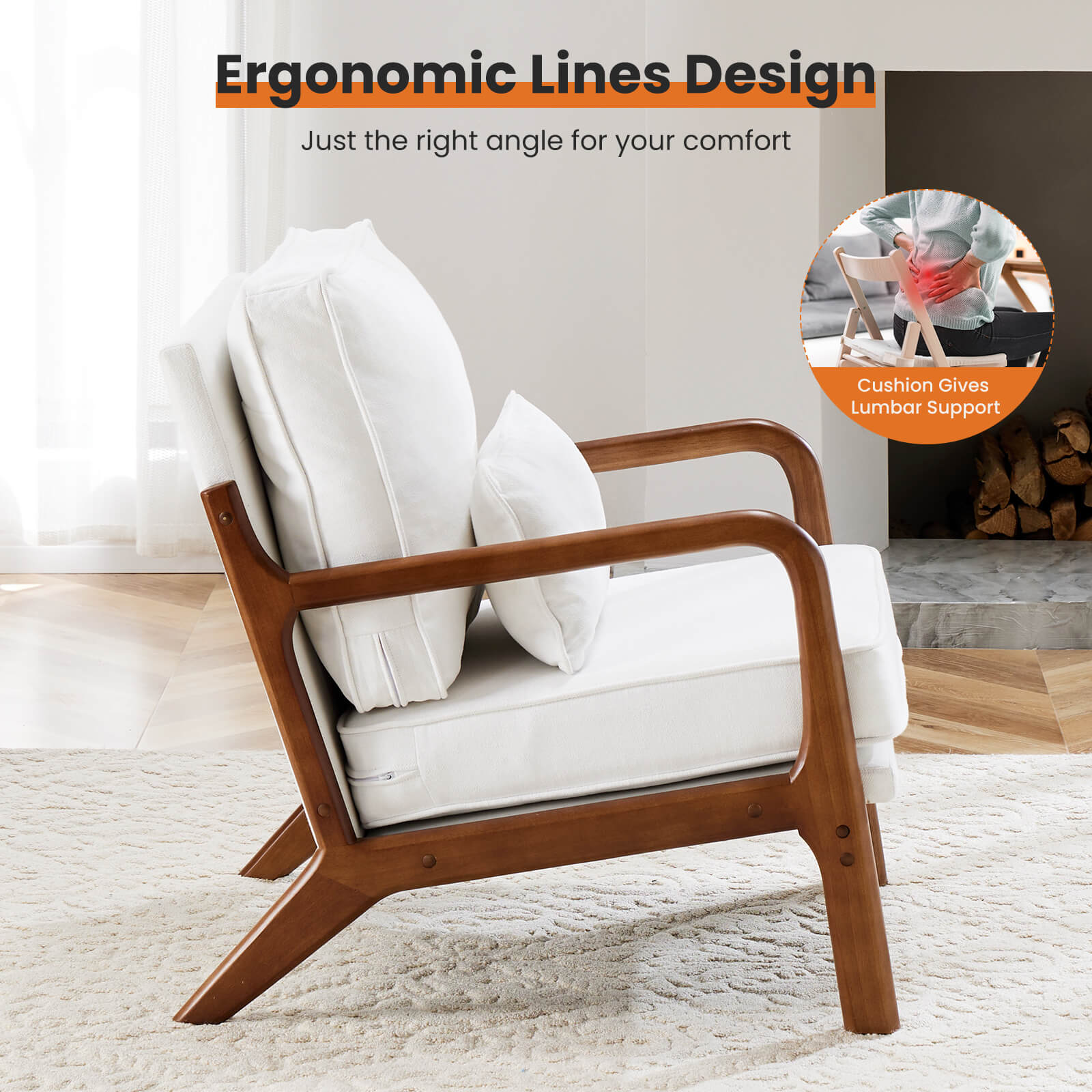 Comfortable lounge chair with wooden frame, with pillow, and soft cushion for living room, bedroom, balcony