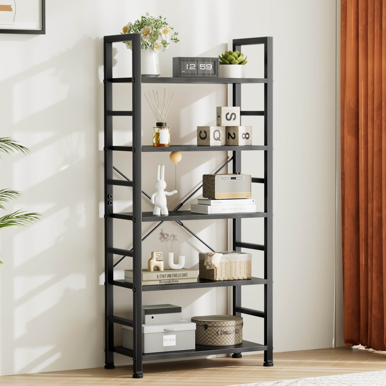 5-Tier Bookcase - Tall Bookshelf Modern Book Case for Books, Garage Kit, CDs, Movies,  for Bedroom Home Office Kitchen Living Room