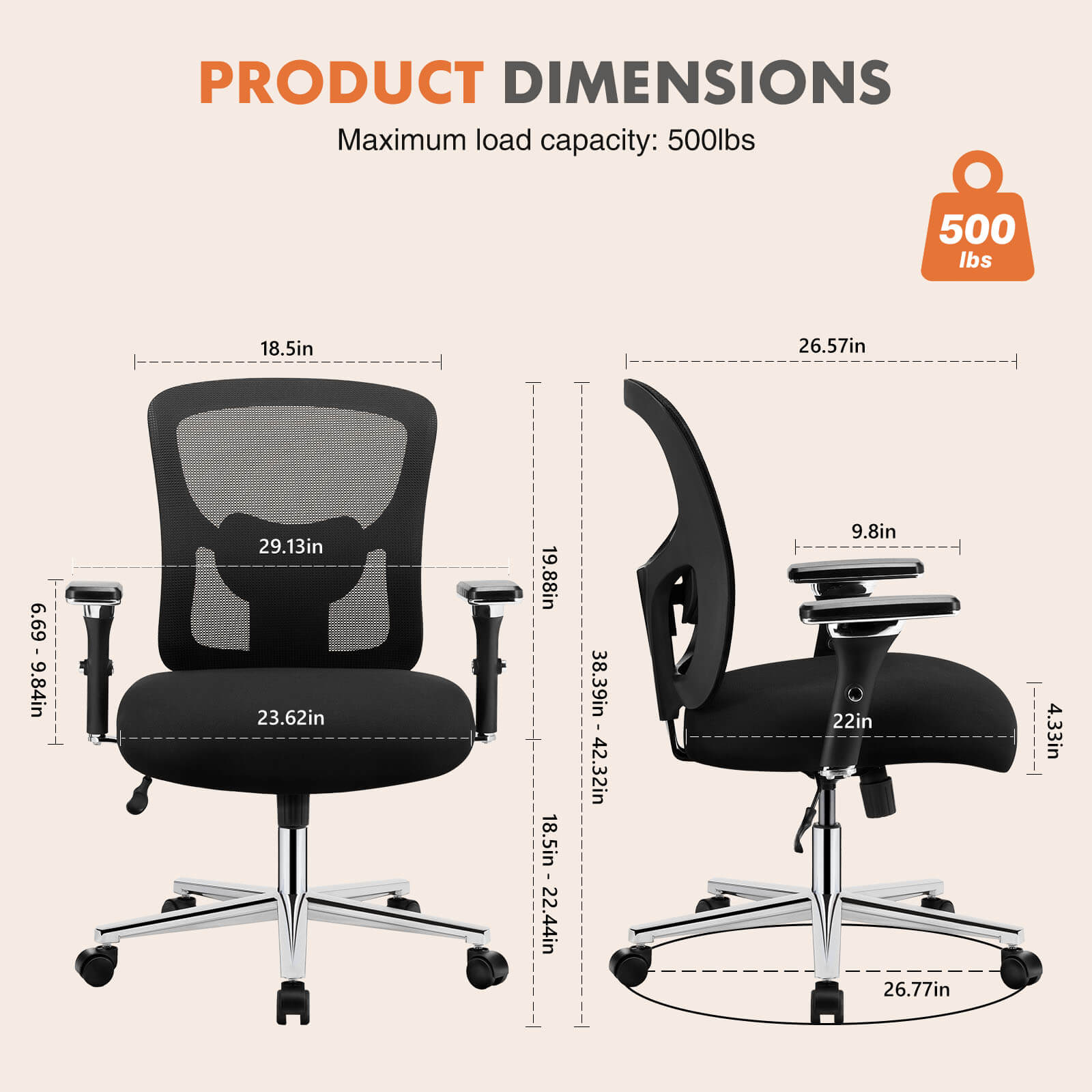 Ergonomic Home Office Adjustable Lumbar Support and Wheels, 3D Armrest, Wide Heavy Duty Computer Task Chairs for Adults