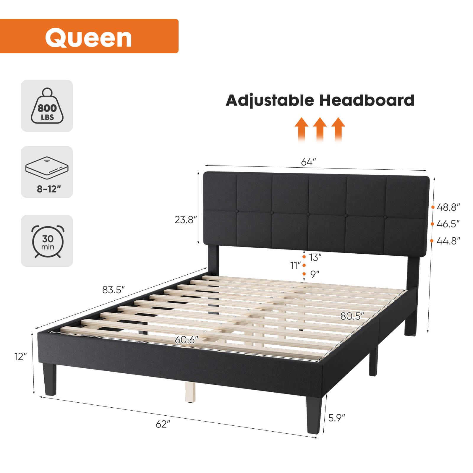 Platform Bed Frame with Headboard-No Box Spring Needed, Linen Upholstered Bed Frame with Wood Slats Support, Noise Free