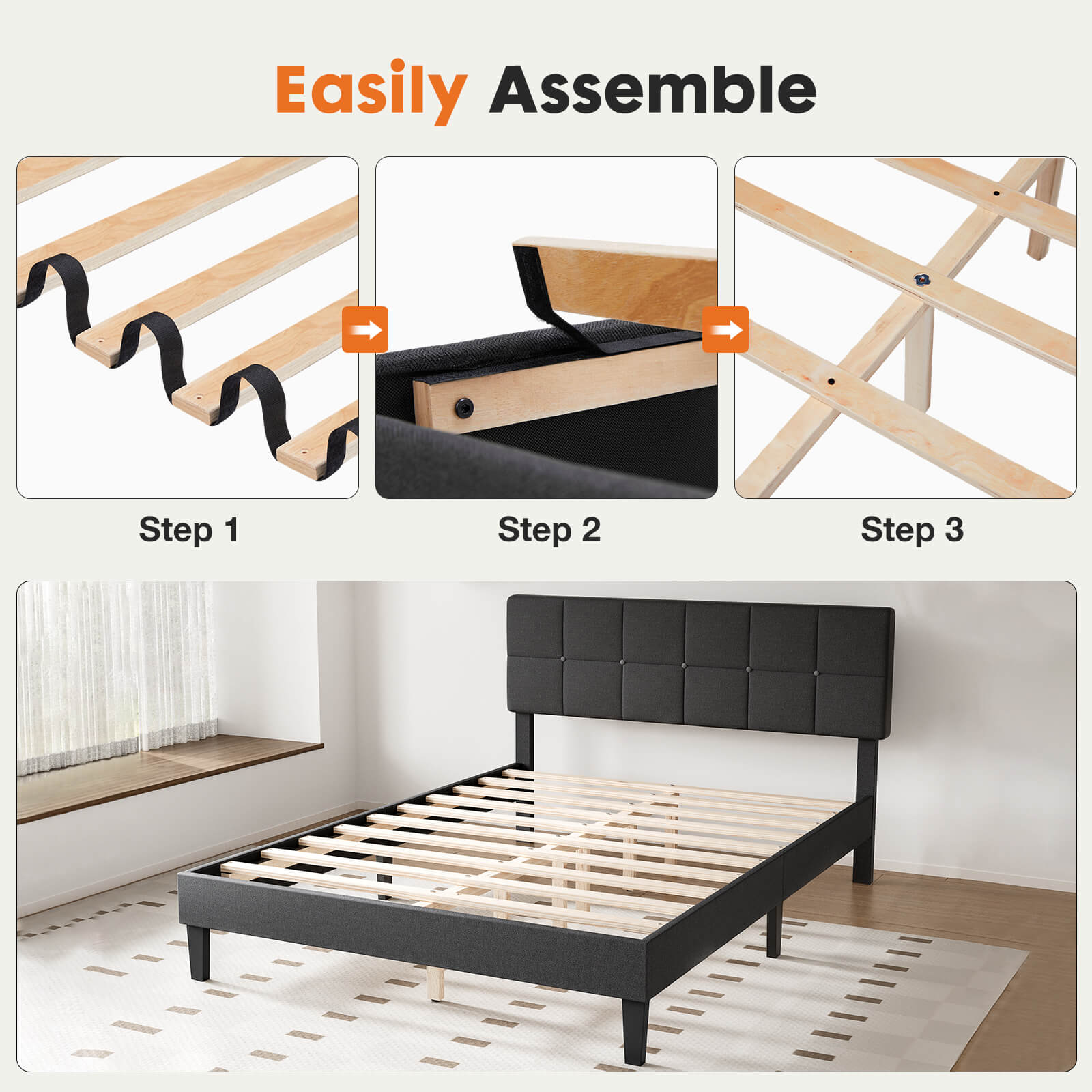 Platform Bed Frame with Headboard-No Box Spring Needed, Linen Upholstered Bed Frame with Wood Slats Support, Noise Free