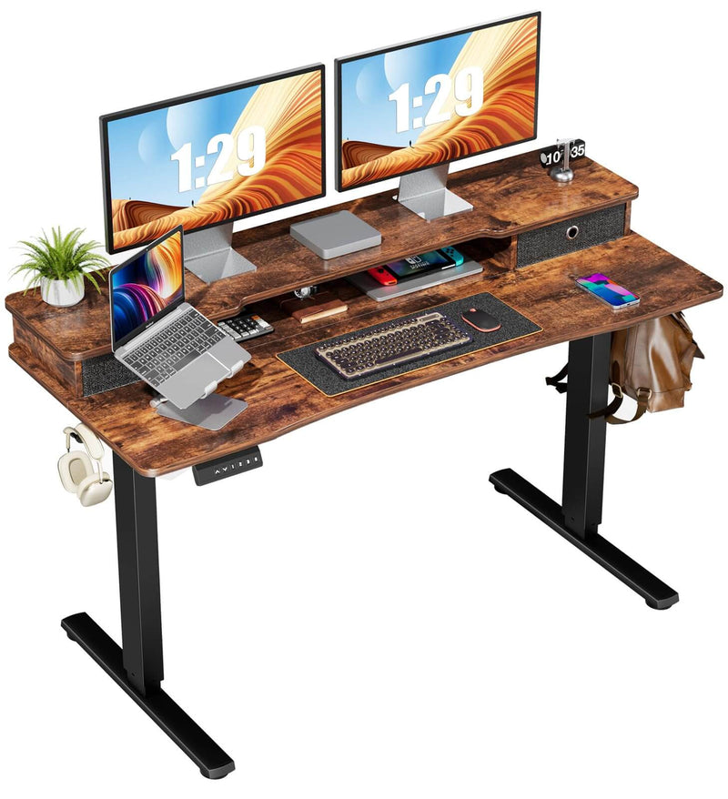 Electric Height Adjustable Standing Desk with Storage Shelf Double Dra