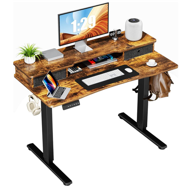 Electric Height Adjustable Standing Desk with Storage Shelf Double Dra