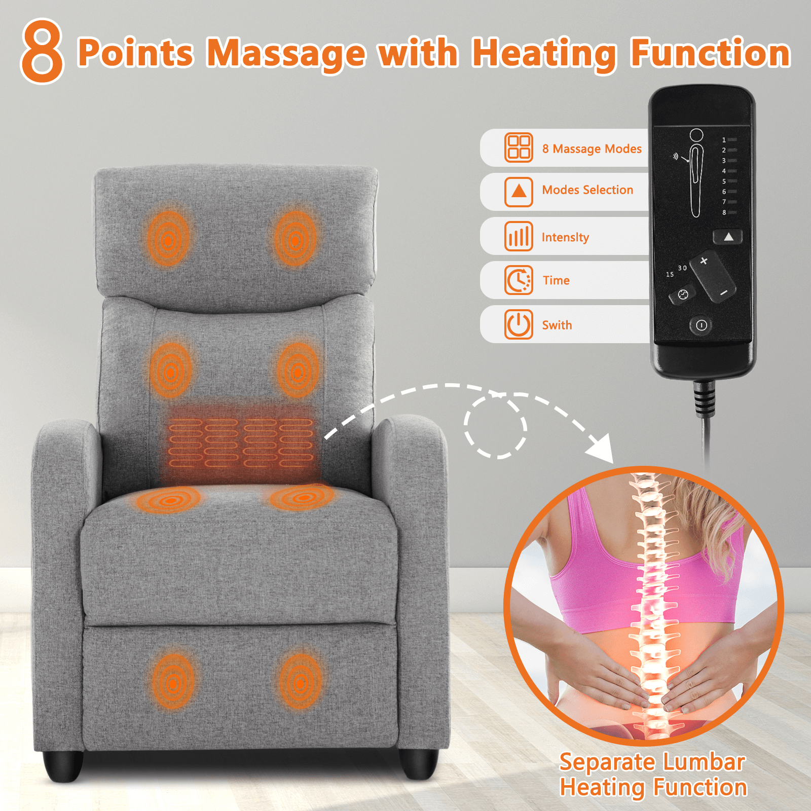 Manual Recliner Chair Winback Single Sofa Massage and Heating Casual C