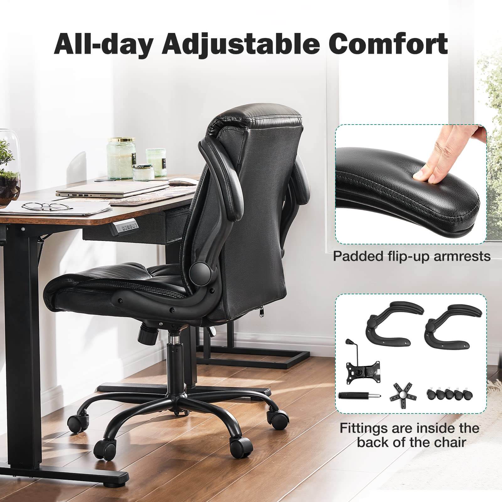 Sweetcrispy Leather Ergonomic Adjustable Computer Office Chair with Fl